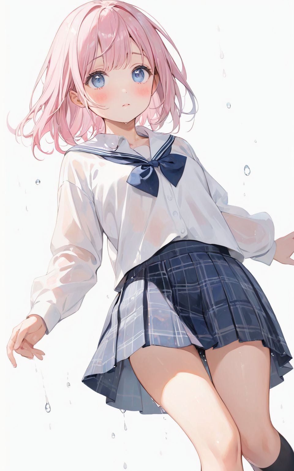 A girl is walking quietly in a light rain.
Her school uniform is wet from the rain,
(The pattern of a wet bra can be seen through the white shirt: 1.05),
(Watercolor:0.6), (Pastel color:0.4), (White background:1.2)

One girl, pearl pink hair, blue eyes, blushed cheeks, tilted head, from front, looking at me, navy plaid skirt turned up, black socks, looking up from below,