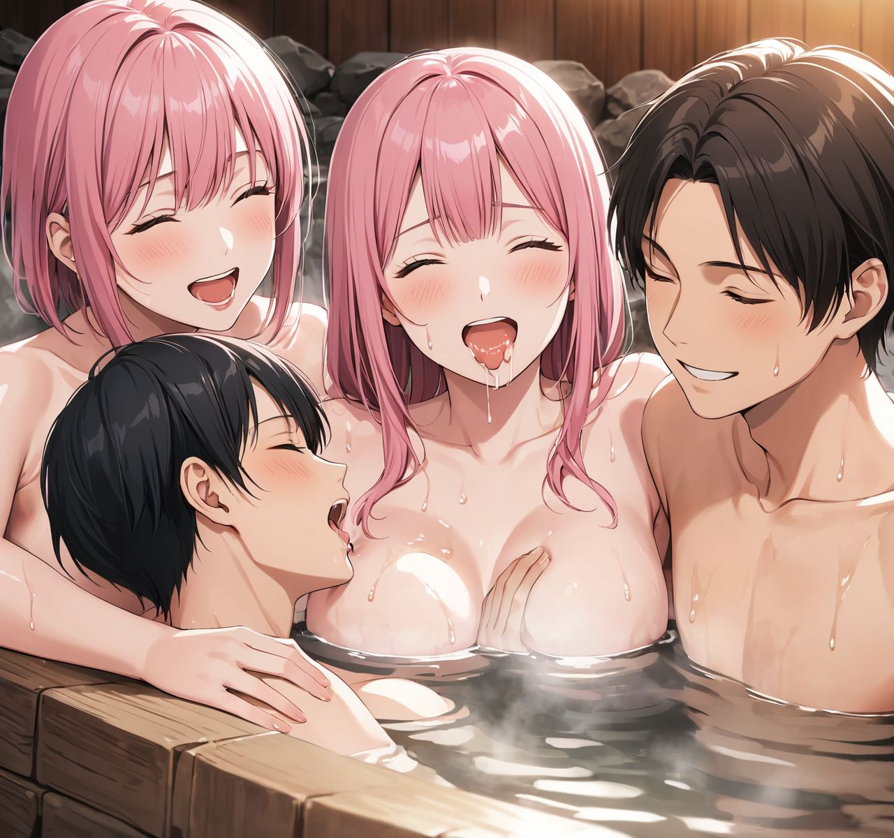 score_9, score_8_up, score_7_up, rating_explicit BREAK source_anime, realistic photo art style, 4 young girls, Fair-skinned, pink hair, round eyes, naked, 
1 young boy, (breast sucking:1.3), (open mouth:1.3), (orgasm face, closed eyes, drooling, sweat:1.3)

naked, smile, (Taking an hot spring bath together with a young boy in close proximity to his body., soaking up to our chests.:1.6), sweat, Steamy hot spring open-air bath