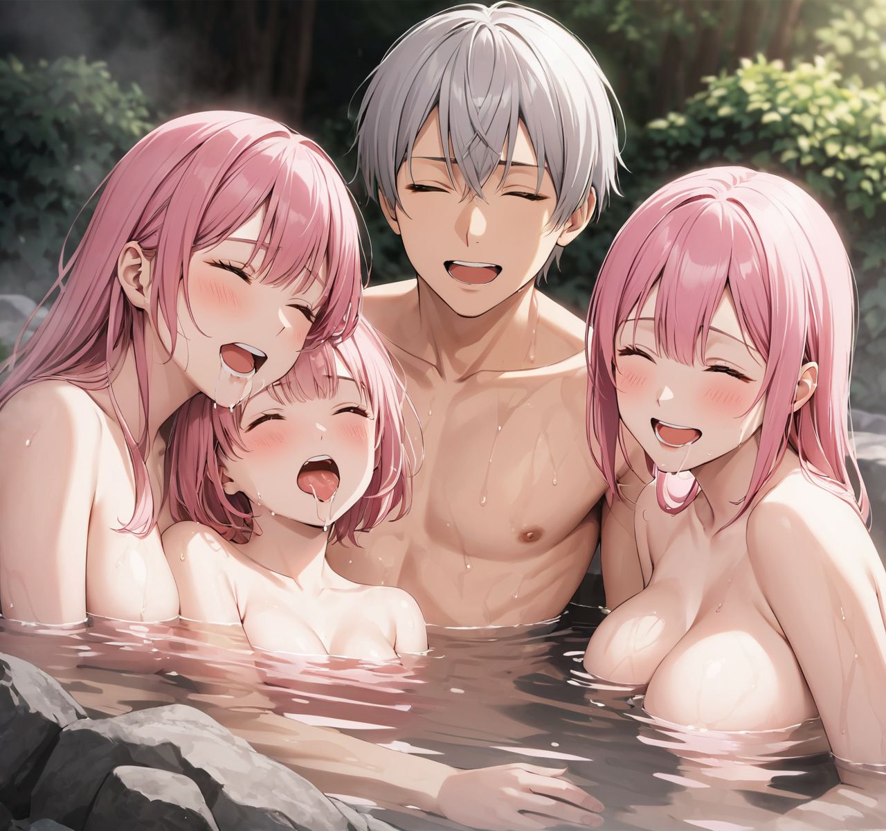 score_9, score_8_up, score_7_up, rating_explicit BREAK source_anime, realistic photo art style, 4 young girls, Fair-skinned, pink hair, round eyes, naked, 
(1 young boy, breast sucking:1.5), (open mouth:1.3), (orgasm face, closed eyes, drooling, sweat:1.3)

naked, smile, (Taking an hot spring bath together close proximity to his body., soaking up to our chests.:1.6), sweat, Steamy hot spring open-air bath