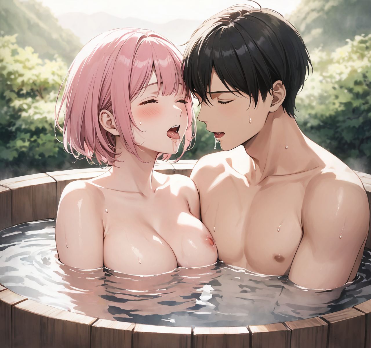 score_9, score_8_up, score_7_up, rating_explicit BREAK source_anime, realistic photo art style, 1 young girl, Fair-skinned, pink hair, round eyes, naked, 
(1 young boy, breast sucking:1.5), (open mouth:1.3), (orgasm face, closed eyes, drooling, sweat:1.3)

naked, smile, (Taking an hot spring bath together close proximity to his body., soaking up to our chests.:1.6), sweat, Steamy hot spring open-air bath,

(watercolor:0.6),(pastelcolor:0.4), (white backgroud:1.2)