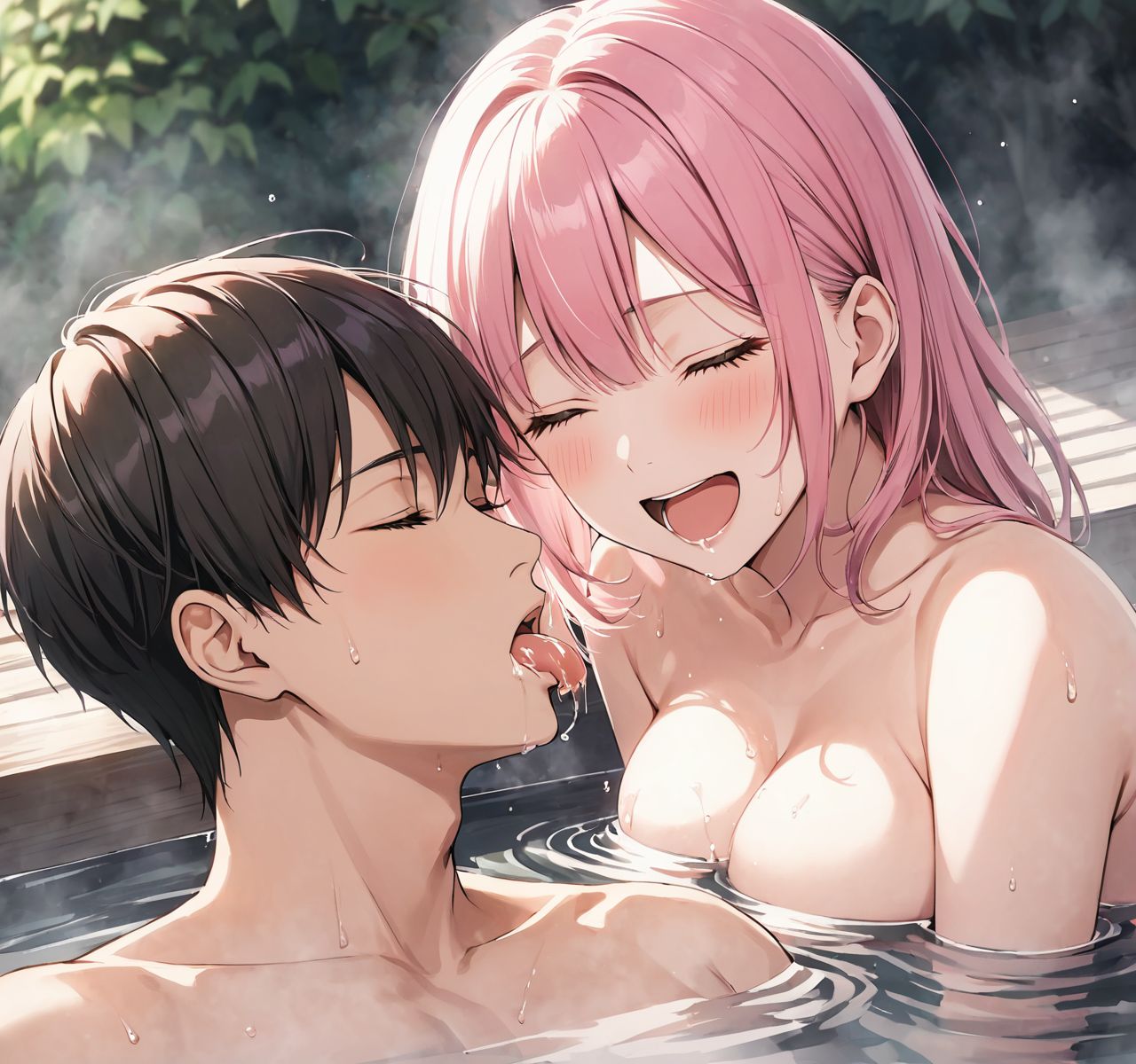 score_9, score_8_up, score_7_up, rating_explicit BREAK source_anime, realistic photo art style, 1 young girl, Fair-skinned, pink hair, round eyes, naked, 
(1 young boy, breast sucking:1.5), (open mouth:1.3), (orgasm face, closed eyes, drooling, sweat:1.3)

naked, smile, (Taking an hot spring bath together close proximity to his body., soaking up to our chests.:1.6), sweat, Steamy hot spring open-air bath,

(watercolor:0.6),(pastelcolor:0.4), (white backgroud:1.2)