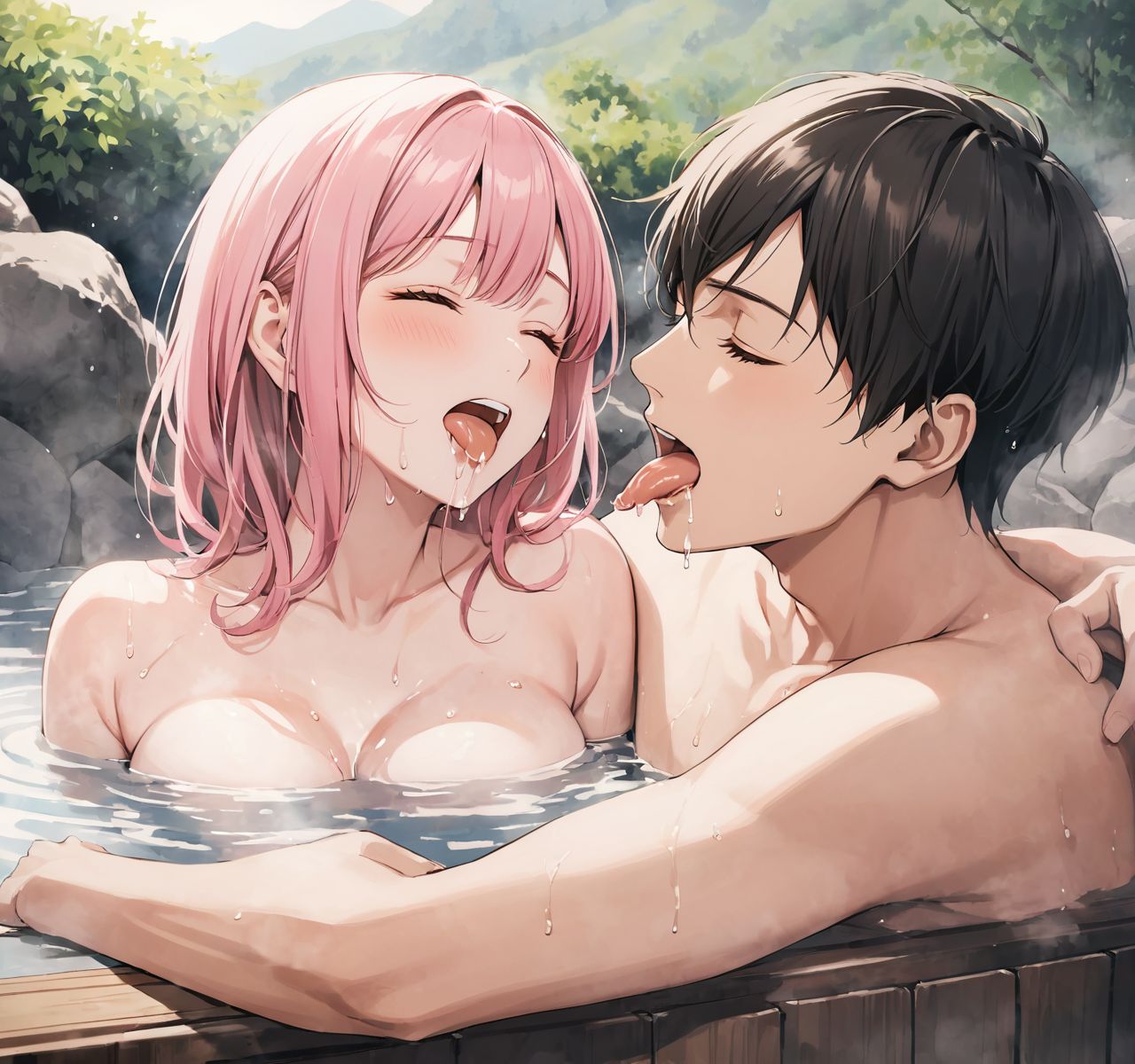 score_9, score_8_up, score_7_up, rating_explicit BREAK source_anime, realistic photo art style, 1 young girl, Fair-skinned, pink hair, round eyes, naked, 
(1 young boy, breast sucking:1.5), (open mouth:1.3), (orgasm face, closed eyes, drooling, sweat:1.3)

naked, smile, (Taking an hot spring bath together close proximity to his body., soaking up to our chests.:1.6), sweat, Steamy hot spring open-air bath,

(watercolor:0.6),(pastelcolor:0.4), (white backgroud:1.2)