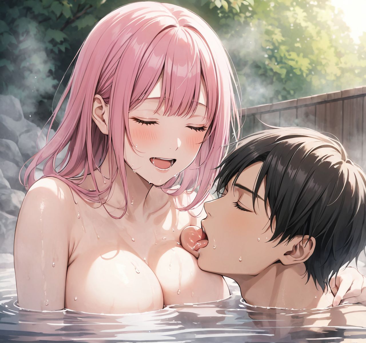 score_9, score_8_up, score_7_up, rating_explicit BREAK source_anime, realistic photo art style, 1 young girl, Fair-skinned, pink hair, round eyes, naked, 
(1 young boy, breast sucking:1.5), (open mouth:1.3), (orgasm face, closed eyes, drooling, sweat:1.3)

naked, smile, (Taking an hot spring bath together close proximity to his body., soaking up to our chests.:1.6), sweat, Steamy hot spring open-air bath,

(watercolor:0.6),(pastelcolor:0.4), (white backgroud:1.2)