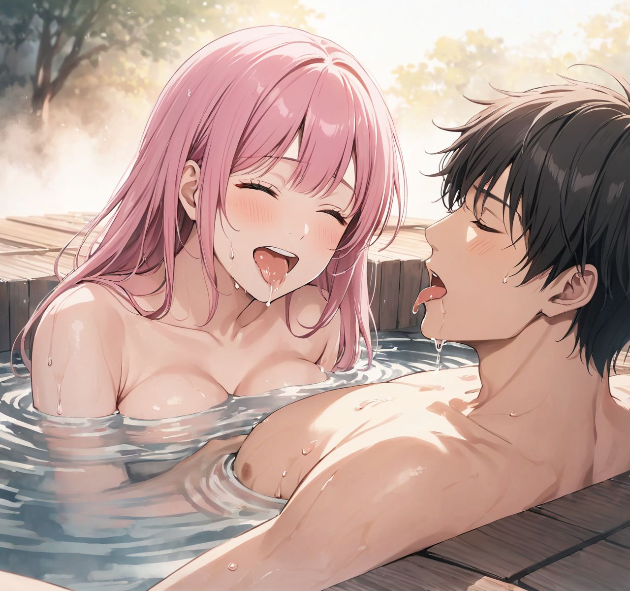 score_9, score_8_up, score_7_up, rating_explicit BREAK source_anime, realistic photo art style, 1 young girl, Fair-skinned, pink hair, round eyes, naked, 
(1 young boy, breast sucking:1.5), (open mouth:1.3), (orgasm face, closed eyes, drooling, sweat:1.3)

naked, smile, (Taking an hot spring bath together close proximity to his body., soaking up to our chests.:1.6), sweat, Steamy hot spring open-air bath,

(watercolor:0.6),(pastelcolor:0.4), (white backgroud:1.2)