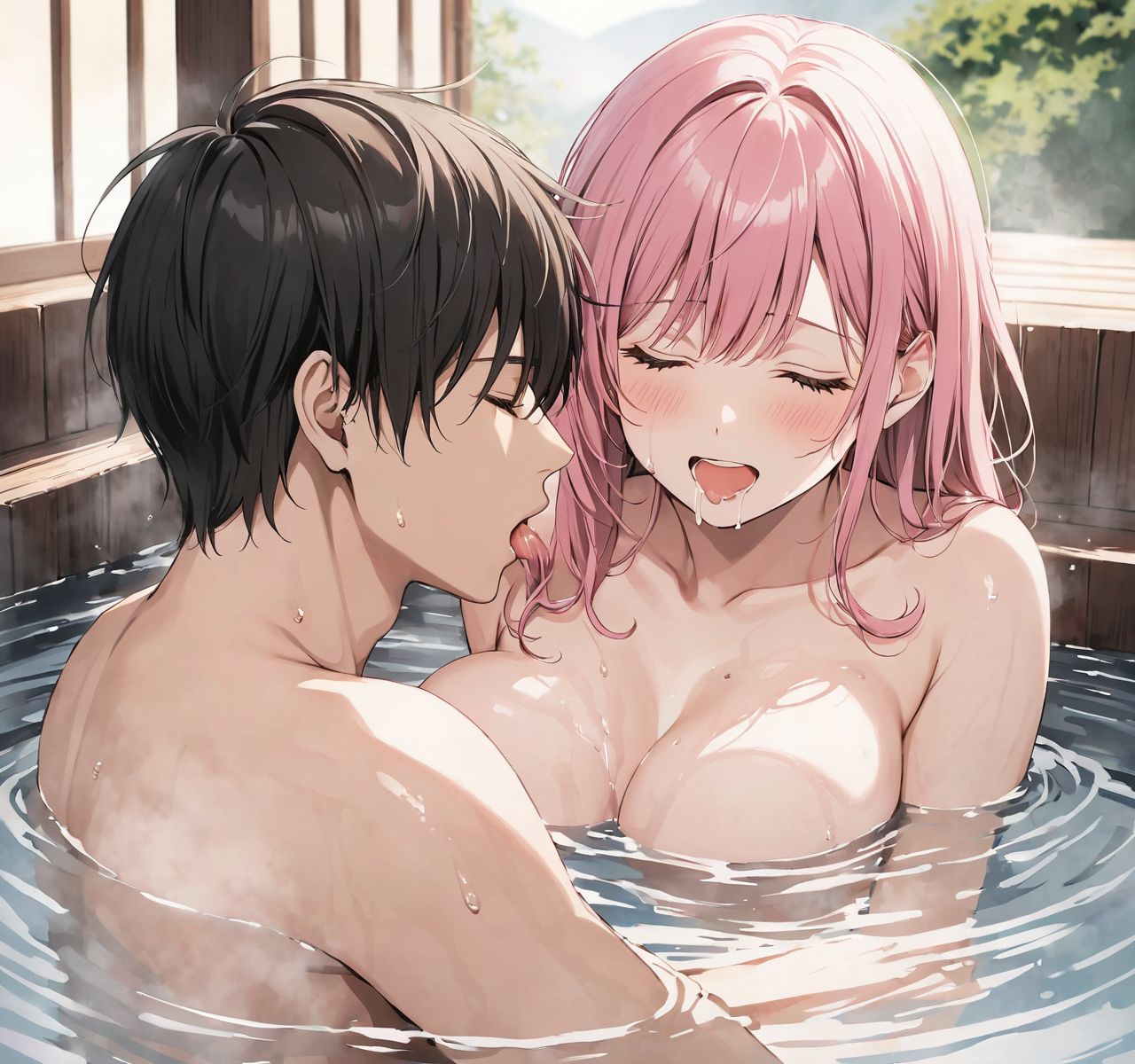 score_9, score_8_up, score_7_up, rating_explicit BREAK source_anime, realistic photo art style, 1 young girl, Fair-skinned, pink hair, round eyes, naked, 
(1 young boy, breast sucking:1.5), (open mouth:1.3), (orgasm face, closed eyes, drooling, sweat:1.3)

naked, smile, (Taking an hot spring bath together close proximity to his body., soaking up to our chests.:1.6), sweat, Steamy hot spring open-air bath,

(watercolor:0.6),(pastelcolor:0.4), (white backgroud:1.2)