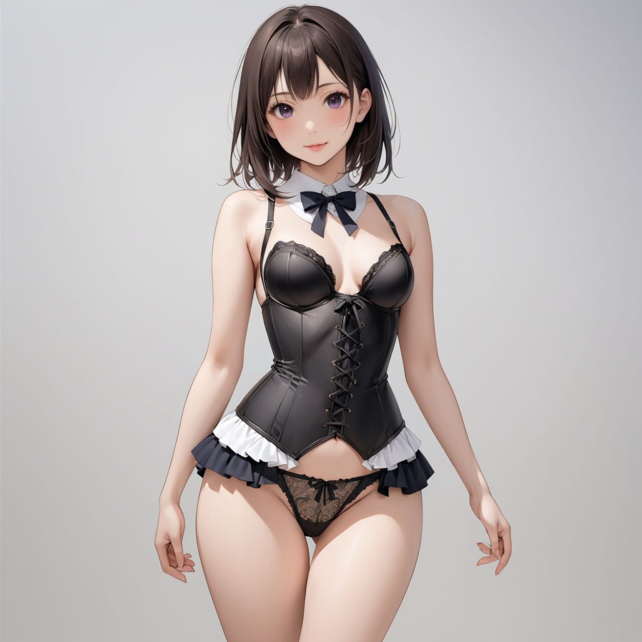 Please draw a photo-realistic illustration of the following women's lingerie,
She is standing alone in front of a white background,


"A classic corset designed to cinch the waist and create an hourglass figure. 


The model is a very sexy 19 year old Japanese school girl idol,
cowboy shot,