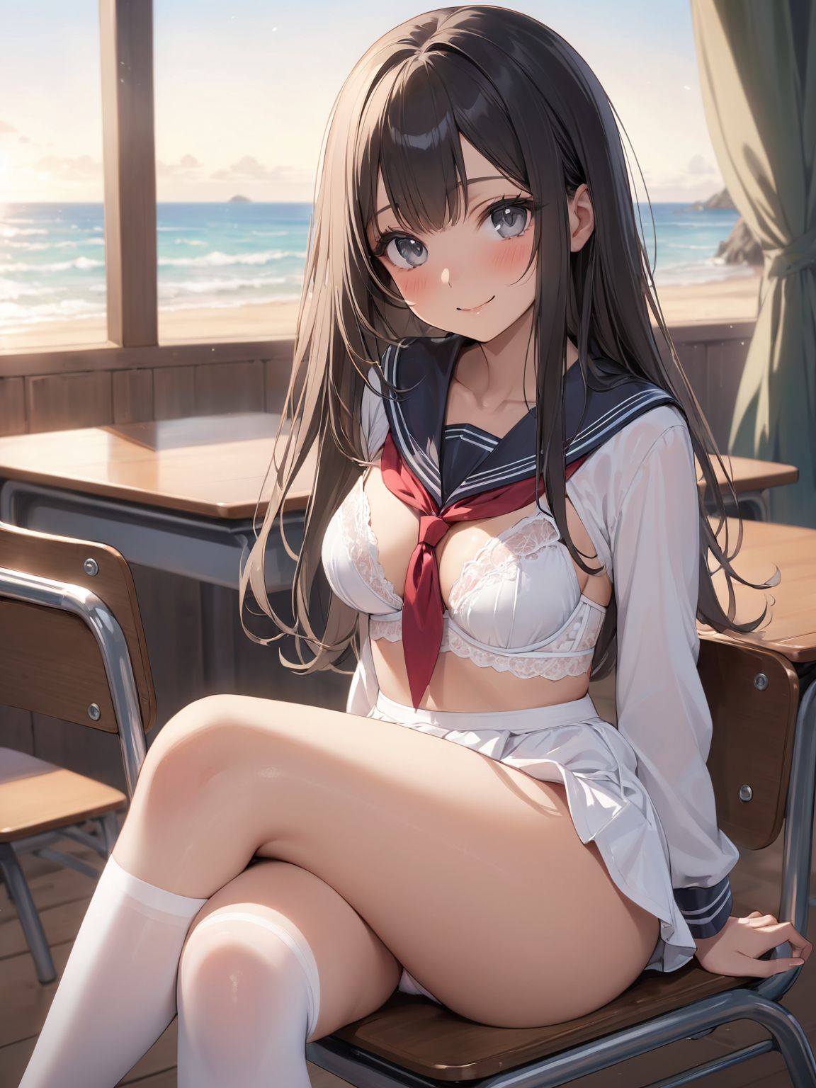 score_9, score_8_up, score_7_up,high res image,masterpiece,best quality,
1girl,cute face,clear skin,shiny hair,ultra detailed eyes, sexy lingerie, underwear, ,backlit,school room,
sitting school desk,(Crossing legs:1.2),rise one leg,serafuku,(knee apart:1.0),spread knee ,white stocking,
embarrassing,blush,detailed grey eyes,tareme,(anime face:1.1),
(beautiful long eyelashes:1.0),perfect eyelashes,detailed black long hair,straight hair,
seductive pose,
[,bra visible through clothes, sukebura:sweat:0.6]

masterpiece, best quality, very aesthetic,intricate details,cowboy shot, 1 girl,medium breasts,from side,look at away:0.6,
break,
outdoor,beach,
break,
tan skin:0.1,barefoot,
break,
smile,Tremendously Cute Panties in Paradise