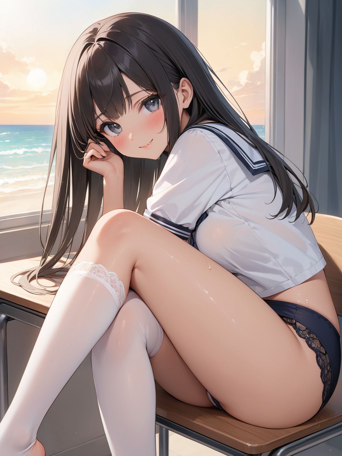 score_9, score_8_up, score_7_up,high res image,masterpiece,best quality,
1girl,cute face,clear skin,shiny hair,ultra detailed eyes, sexy lingerie, underwear, ,backlit,school room,
sitting school desk,(Crossing legs:1.2),rise one leg,serafuku,(knee apart:1.0),spread knee ,white stocking,
embarrassing,blush,detailed grey eyes,tareme,(anime face:1.1),
(beautiful long eyelashes:1.0),perfect eyelashes,detailed black long hair,straight hair,
seductive pose,
[,bra visible through clothes, sukebura:sweat:0.6]

masterpiece, best quality, very aesthetic,intricate details,cowboy shot, 1 girl,medium breasts,from side,look at away:0.6,
break,
outdoor,beach,
break,
tan skin:0.1,barefoot,
break,
smile,Tremendously Cute Panties in Paradise