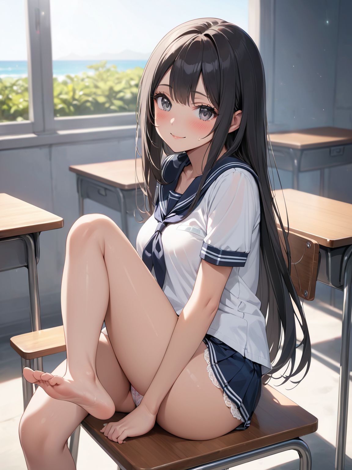 score_9, score_8_up, score_7_up,high res image,masterpiece,best quality,
1girl,cute face,clear skin,shiny hair,ultra detailed eyes, sexy lingerie, underwear, ,backlit,school room,
sitting school desk,(Crossing legs:1.2),rise one leg,serafuku,(knee apart:1.0),spread knee ,white stocking,
embarrassing,blush,detailed grey eyes,tareme,(anime face:1.1),
(beautiful long eyelashes:1.0),perfect eyelashes,detailed black long hair,straight hair,
seductive pose,
[,bra visible through clothes, sukebura:sweat:0.6]

masterpiece, best quality, very aesthetic,intricate details,cowboy shot, 1 girl,medium breasts,from side,look at away:0.6,
break,
outdoor,beach,
break,
tan skin:0.1,barefoot,
break,
smile,Tremendously Cute Panties in Paradise