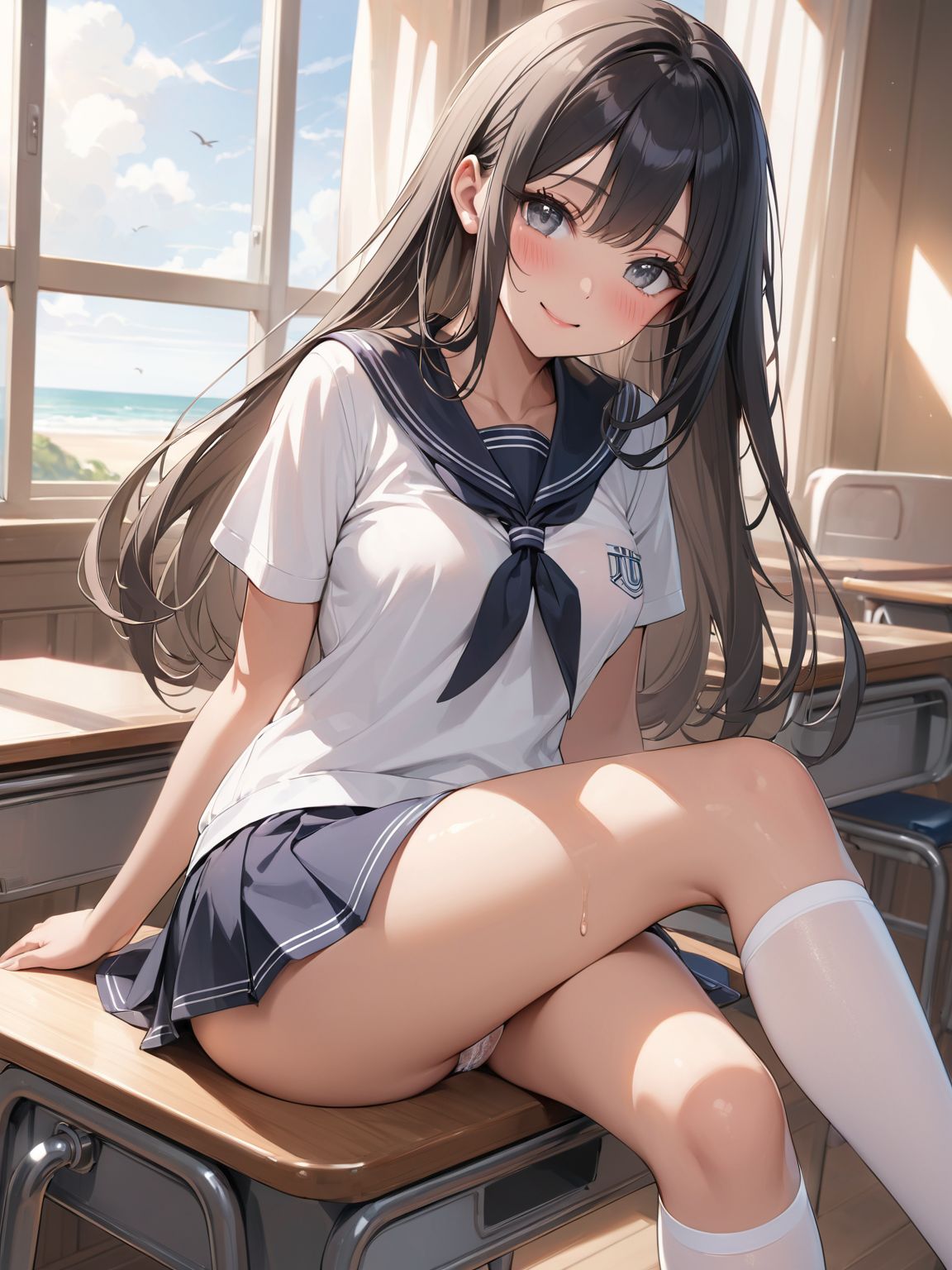 score_9, score_8_up, score_7_up,high res image,masterpiece,best quality,
1girl,cute face,clear skin,shiny hair,ultra detailed eyes, sexy lingerie, underwear, ,backlit,school room,
sitting school desk,(Crossing legs:1.2),rise one leg,serafuku,(knee apart:1.0),spread knee ,white stocking,
embarrassing,blush,detailed grey eyes,tareme,(anime face:1.1),
(beautiful long eyelashes:1.0),perfect eyelashes,detailed black long hair,straight hair,
seductive pose,
[,bra visible through clothes, sukebura:sweat:0.6]

masterpiece, best quality, very aesthetic,intricate details,cowboy shot, 1 girl,medium breasts,from side,look at away:0.6,
break,
outdoor,beach,
break,
tan skin:0.1,barefoot,
break,
smile,Tremendously Cute Panties in Paradise