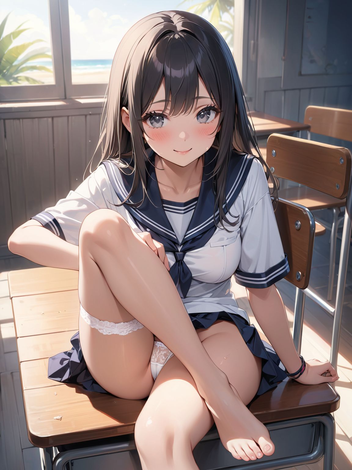 score_9, score_8_up, score_7_up,high res image,masterpiece,best quality,
1girl,cute face,clear skin,shiny hair,ultra detailed eyes, sexy lingerie, underwear, ,backlit,school room,
sitting school desk,(Crossing legs:1.2),rise one leg,serafuku,(knee apart:1.0),spread knee ,white stocking,
embarrassing,blush,detailed grey eyes,tareme,(anime face:1.1),
(beautiful long eyelashes:1.0),perfect eyelashes,detailed black long hair,straight hair,
seductive pose,
[,bra visible through clothes, sukebura:sweat:0.6]

masterpiece, best quality, very aesthetic,intricate details,cowboy shot, 1 girl,medium breasts,from side,look at away:0.6,
break,
outdoor,beach,
break,
tan skin:0.1,barefoot,
break,
smile,Tremendously Cute Panties in Paradise