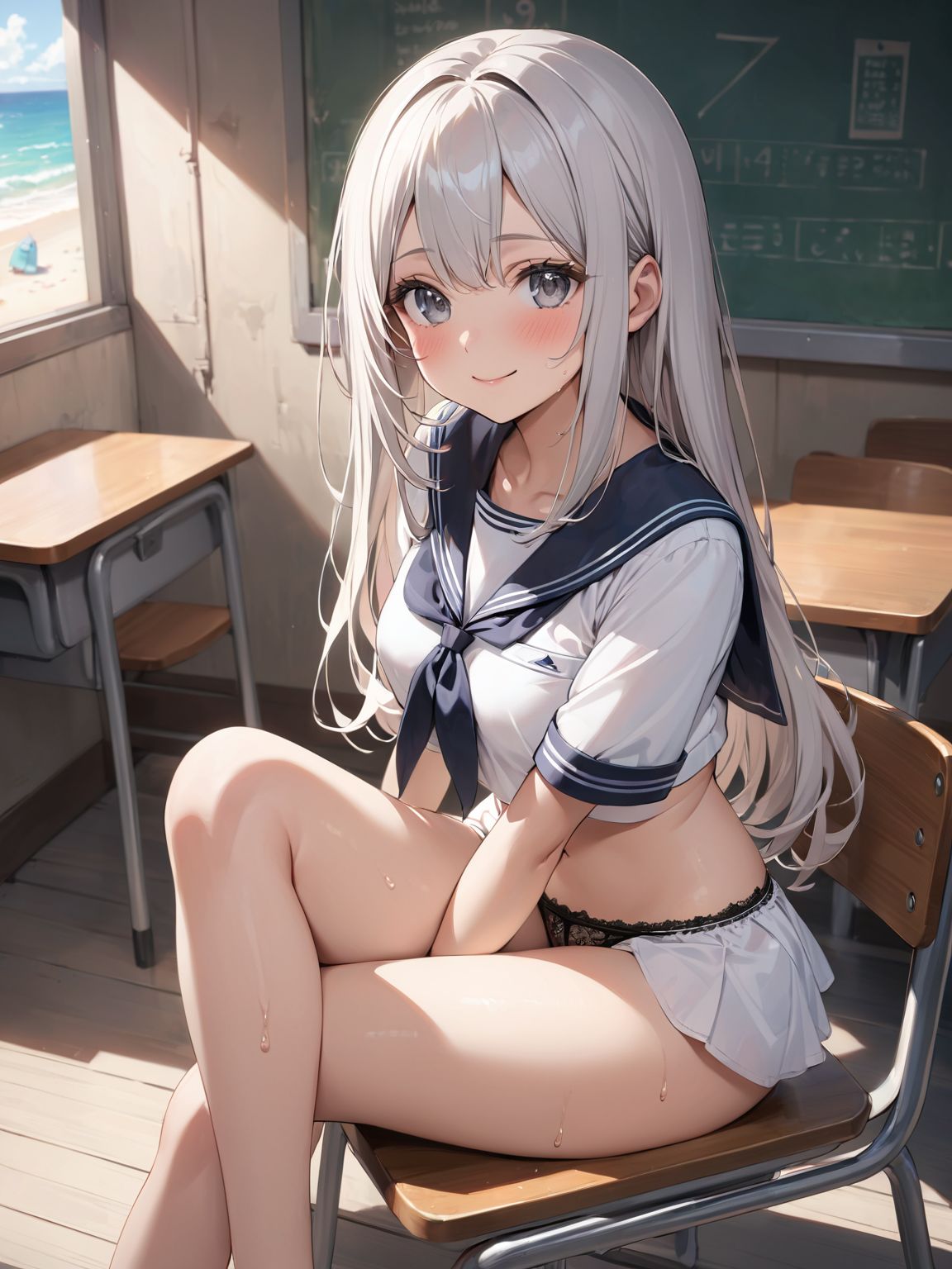 score_9, score_8_up, score_7_up,high res image,masterpiece,best quality,
1girl,cute face,clear skin,shiny hair,ultra detailed eyes, sexy lingerie, underwear, ,backlit,school room,
sitting school desk,(Crossing legs:1.2),rise one leg,serafuku,(knee apart:1.0),spread knee ,white stocking,
embarrassing,blush,detailed grey eyes,tareme,(anime face:1.1),
(beautiful long eyelashes:1.0),perfect eyelashes,detailed black long hair,straight hair,
seductive pose,
[,bra visible through clothes, sukebura:sweat:0.6]

masterpiece, best quality, very aesthetic,intricate details,cowboy shot, 1 girl,medium breasts,from side,look at away:0.6,
break,
outdoor,beach,
break,
tan skin:0.1,barefoot,
break,
smile,Tremendously Cute Panties in Paradise