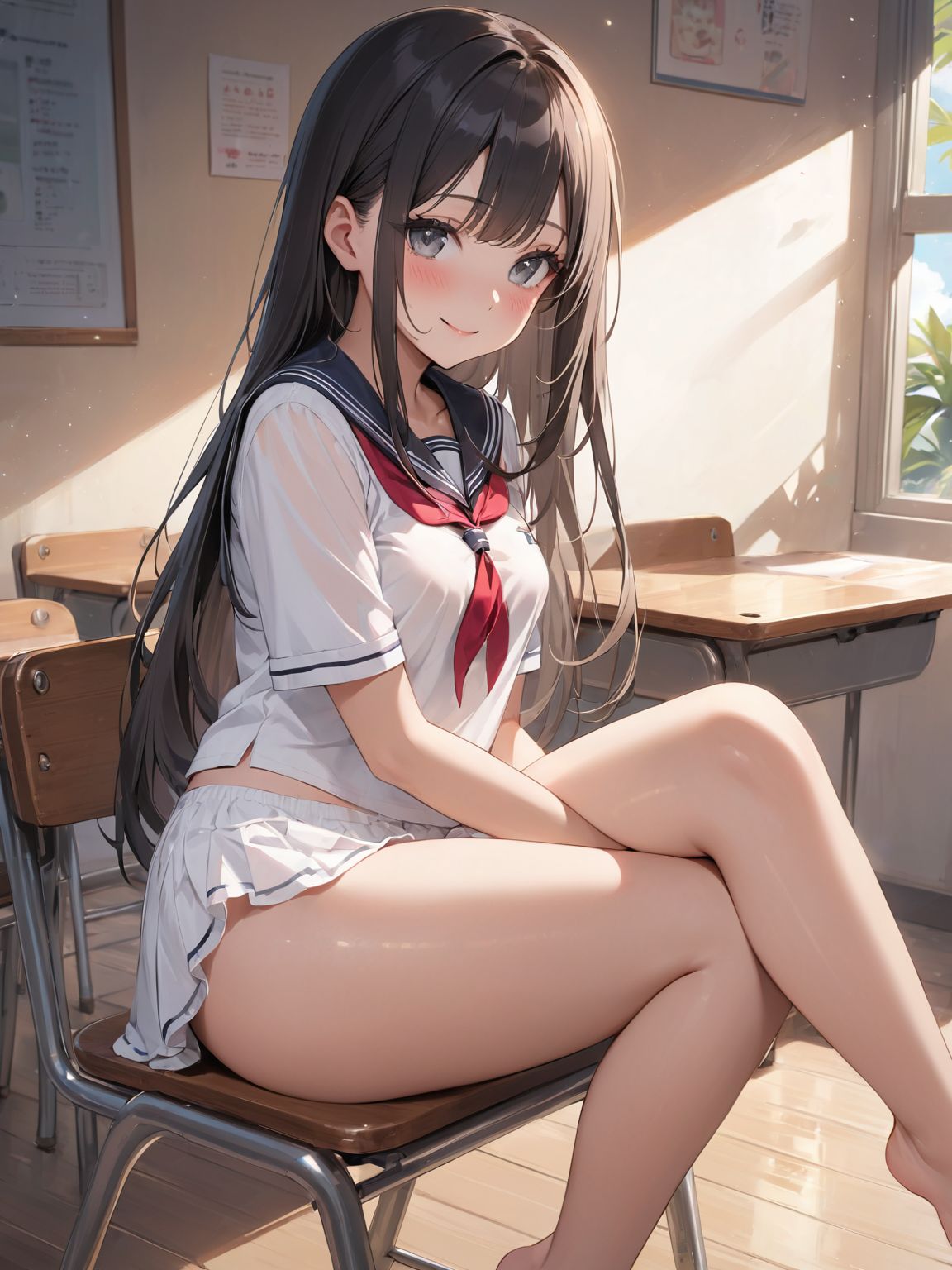 score_9, score_8_up, score_7_up,high res image,masterpiece,best quality,
1girl,cute face,clear skin,shiny hair,ultra detailed eyes, sexy lingerie, underwear, ,backlit,school room,
sitting school desk,(Crossing legs:1.2),rise one leg,serafuku,(knee apart:1.0),spread knee ,white stocking,
embarrassing,blush,detailed grey eyes,tareme,(anime face:1.1),
(beautiful long eyelashes:1.0),perfect eyelashes,detailed black long hair,straight hair,
seductive pose,
[,bra visible through clothes, sukebura:sweat:0.6]

masterpiece, best quality, very aesthetic,intricate details,cowboy shot, 1 girl,medium breasts,from side,look at away:0.6,
break,
outdoor,beach,
break,
tan skin:0.1,barefoot,
break,
smile,Tremendously Cute Panties in Paradise