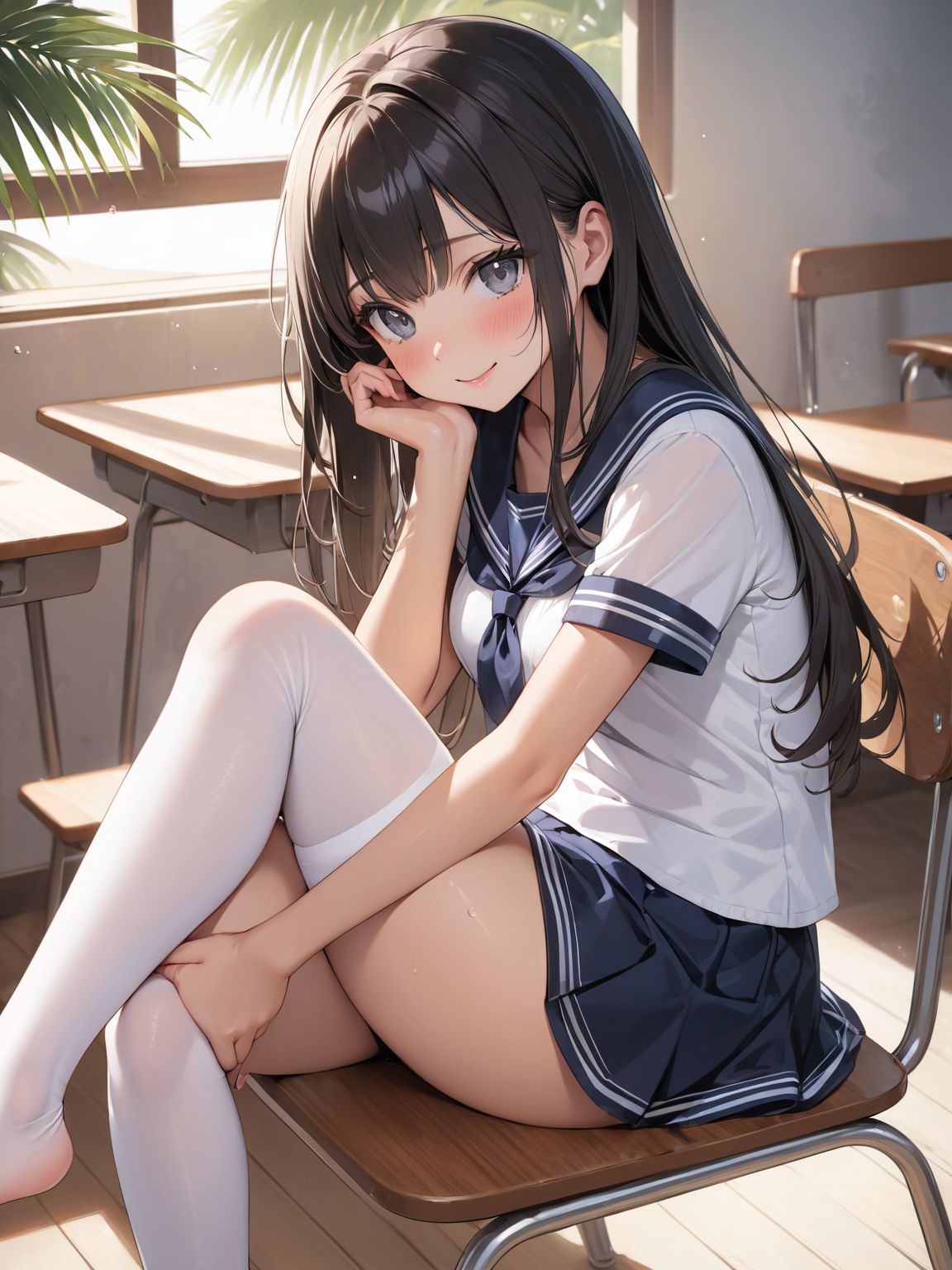 score_9, score_8_up, score_7_up,high res image,masterpiece,best quality,
1girl,cute face,clear skin,shiny hair,ultra detailed eyes, sexy lingerie, underwear, ,backlit,school room,
sitting school desk,(Crossing legs:1.2),rise one leg,serafuku,(knee apart:1.0),spread knee ,white stocking,
embarrassing,blush,detailed grey eyes,tareme,(anime face:1.1),
(beautiful long eyelashes:1.0),perfect eyelashes,detailed black long hair,straight hair,
seductive pose,
[,bra visible through clothes, sukebura:sweat:0.6]

masterpiece, best quality, very aesthetic,intricate details,cowboy shot, 1 girl,medium breasts,from side,look at away:0.6,
break,
outdoor,beach,
break,
tan skin:0.1,barefoot,
break,
smile,Tremendously Cute Panties in Paradise