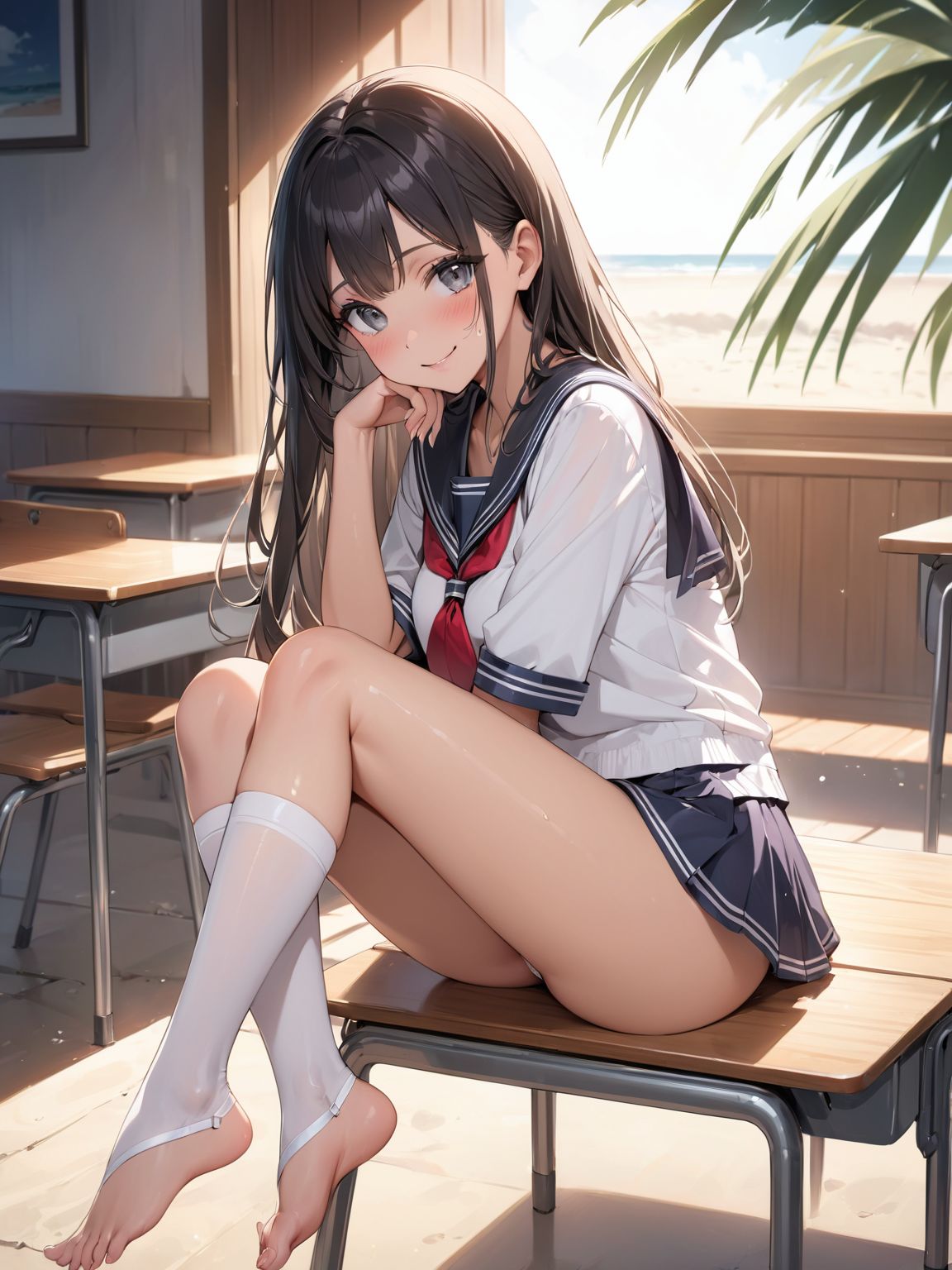 score_9, score_8_up, score_7_up,high res image,masterpiece,best quality,
1girl,cute face,clear skin,shiny hair,ultra detailed eyes, sexy lingerie, underwear, ,backlit,school room,
sitting school desk,(Crossing legs:1.2),rise one leg,serafuku,(knee apart:1.0),spread knee ,white stocking,
embarrassing,blush,detailed grey eyes,tareme,(anime face:1.1),
(beautiful long eyelashes:1.0),perfect eyelashes,detailed black long hair,straight hair,
seductive pose,
[,bra visible through clothes, sukebura:sweat:0.6]

masterpiece, best quality, very aesthetic,intricate details,cowboy shot, 1 girl,medium breasts,from side,look at away:0.6,
break,
outdoor,beach,
break,
tan skin:0.1,barefoot,
break,
smile,Tremendously Cute Panties in Paradise