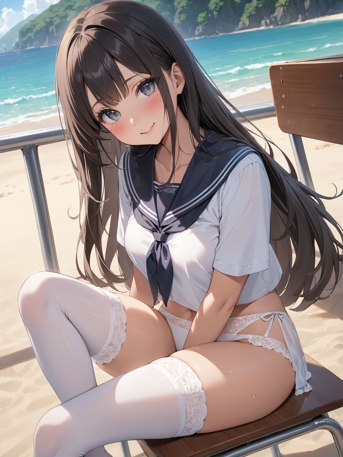 score_9, score_8_up, score_7_up,high res image,masterpiece,best quality,
1girl,cute face,clear skin,shiny hair,ultra detailed eyes, sexy lingerie, underwear, ,backlit,school room,
sitting school desk,(Crossing legs:1.2),rise one leg,serafuku,(knee apart:1.0),spread knee ,white stocking,
embarrassing,blush,detailed grey eyes,tareme,(anime face:1.1),
(beautiful long eyelashes:1.0),perfect eyelashes,detailed black long hair,straight hair,
seductive pose,
[,bra visible through clothes, sukebura:sweat:0.6]

masterpiece, best quality, very aesthetic,intricate details,cowboy shot, 1 girl,medium breasts,from side,look at away:0.6,
break,
outdoor,beach,
break,
tan skin:0.1,barefoot,
break,
smile,Tremendously Cute Panties in Paradise