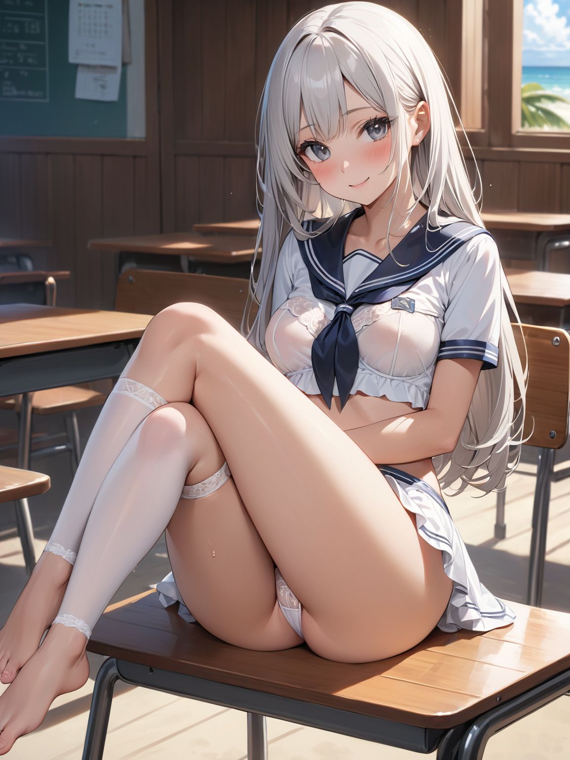 score_9, score_8_up, score_7_up,high res image,masterpiece,best quality,
1girl,cute face,clear skin,shiny hair,ultra detailed eyes, sexy lingerie, underwear, ,backlit,school room,
sitting school desk,(Crossing legs:1.2),rise one leg,serafuku,(knee apart:1.0),spread knee ,white stocking,
embarrassing,blush,detailed grey eyes,tareme,(anime face:1.1),
(beautiful long eyelashes:1.0),perfect eyelashes,detailed black long hair,straight hair,
seductive pose,
[,bra visible through clothes, sukebura:sweat:0.6]

masterpiece, best quality, very aesthetic,intricate details,cowboy shot, 1 girl,medium breasts,from side,look at away:0.6,
break,
outdoor,beach,
break,
tan skin:0.1,barefoot,
break,
smile,Tremendously Cute Panties in Paradise