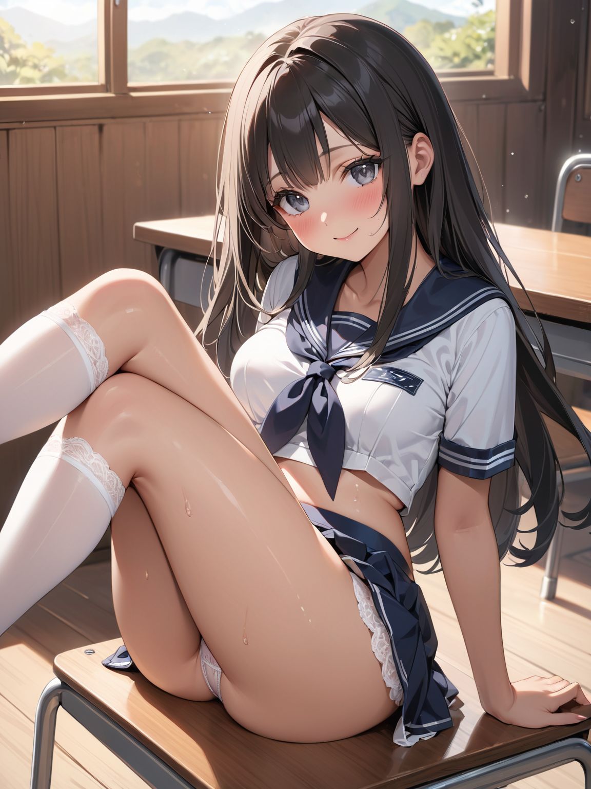 score_9, score_8_up, score_7_up,high res image,masterpiece,best quality,
1girl,cute face,clear skin,shiny hair,ultra detailed eyes, sexy lingerie, underwear, ,backlit,school room,
sitting school desk,(Crossing legs:1.2),rise one leg,serafuku,(knee apart:1.0),spread knee ,white stocking,
embarrassing,blush,detailed grey eyes,tareme,(anime face:1.1),
(beautiful long eyelashes:1.0),perfect eyelashes,detailed black long hair,straight hair,
seductive pose,
[,bra visible through clothes, sukebura:sweat:0.6]

masterpiece, best quality, very aesthetic,intricate details,cowboy shot, 1 girl,medium breasts,from side,look at away:0.6,
break,
outdoor,beach,
break,
tan skin:0.1,barefoot,
break,
smile,Tremendously Cute Panties in Paradise