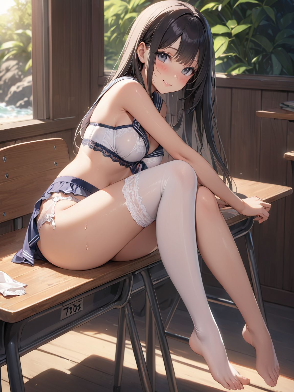 score_9, score_8_up, score_7_up,high res image,masterpiece,best quality,
1girl,cute face,clear skin,shiny hair,ultra detailed eyes, sexy lingerie, underwear, ,backlit,school room,
sitting school desk,(Crossing legs:1.2),rise one leg,serafuku,(knee apart:1.0),spread knee ,white stocking,
embarrassing,blush,detailed grey eyes,tareme,(anime face:1.1),
(beautiful long eyelashes:1.0),perfect eyelashes,detailed black long hair,straight hair,
seductive pose,
[,bra visible through clothes, sukebura:sweat:0.6]

masterpiece, best quality, very aesthetic,intricate details,cowboy shot, 1 girl,medium breasts,from side,look at away:0.6,
break,
outdoor,beach,
break,
tan skin:0.1,barefoot,
break,
smile,Tremendously Cute Panties in Paradise