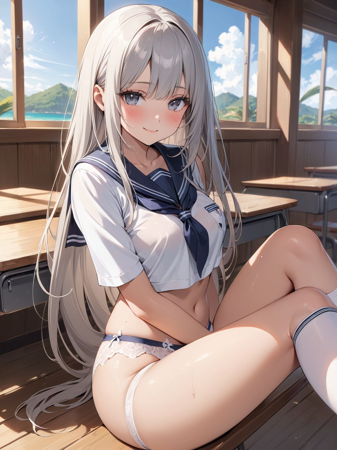 score_9, score_8_up, score_7_up,high res image,masterpiece,best quality,
1girl,cute face,clear skin,shiny hair,ultra detailed eyes, sexy lingerie, underwear, ,backlit,school room,
sitting school desk,(Crossing legs:1.2),rise one leg,serafuku,(knee apart:1.0),spread knee ,white stocking,
embarrassing,blush,detailed grey eyes,tareme,(anime face:1.1),
(beautiful long eyelashes:1.0),perfect eyelashes,detailed black long hair,straight hair,
seductive pose,
[,bra visible through clothes, sukebura:sweat:0.6]

masterpiece, best quality, very aesthetic,intricate details,cowboy shot, 1 girl,medium breasts,from side,look at away:0.6,
break,
outdoor,beach,
break,
tan skin:0.1,barefoot,
break,
smile,Tremendously Cute Panties in Paradise