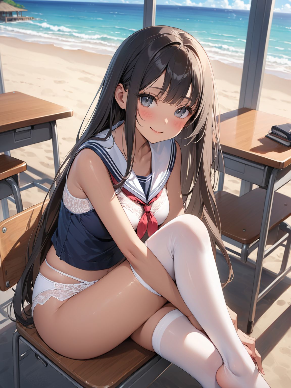 score_9, score_8_up, score_7_up,high res image,masterpiece,best quality,
1girl,cute face,clear skin,shiny hair,ultra detailed eyes, sexy lingerie, underwear, ,backlit,school room,
sitting school desk,(Crossing legs:1.2),rise one leg,serafuku,(knee apart:1.0),spread knee ,white stocking,
embarrassing,blush,detailed grey eyes,tareme,(anime face:1.1),
(beautiful long eyelashes:1.0),perfect eyelashes,detailed black long hair,straight hair,
seductive pose,
[,bra visible through clothes, sukebura:sweat:0.6]

masterpiece, best quality, very aesthetic,intricate details,cowboy shot, 1 girl,medium breasts,from side,look at away:0.6,
break,
outdoor,beach,
break,
tan skin:0.1,barefoot,
break,
smile,Tremendously Cute Panties in Paradise