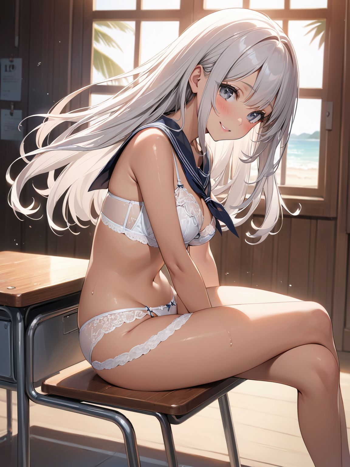 score_9, score_8_up, score_7_up,high res image,masterpiece,best quality,
1girl,cute face,clear skin,shiny hair,ultra detailed eyes, sexy lingerie, underwear, ,backlit,school room,
sitting school desk,(Crossing legs:1.2),rise one leg,serafuku,(knee apart:1.0),spread knee ,white stocking,
embarrassing,blush,detailed grey eyes,tareme,(anime face:1.1),
(beautiful long eyelashes:1.0),perfect eyelashes,detailed black long hair,straight hair,
seductive pose,
[,bra visible through clothes, sukebura:sweat:0.6]

masterpiece, best quality, very aesthetic,intricate details,cowboy shot, 1 girl,medium breasts,from side,look at away:0.6,
break,
outdoor,beach,
break,
tan skin:0.1,barefoot,
break,
smile,Tremendously Cute Panties in Paradise