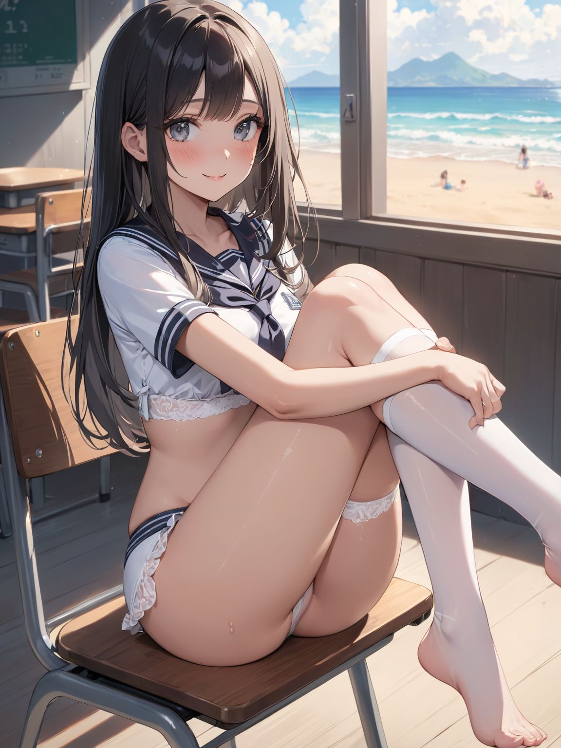 score_9, score_8_up, score_7_up,high res image,masterpiece,best quality,
1girl,cute face,clear skin,shiny hair,ultra detailed eyes, sexy lingerie, underwear, ,backlit,school room,
sitting school desk,(Crossing legs:1.2),rise one leg,serafuku,(knee apart:1.0),spread knee ,white stocking,
embarrassing,blush,detailed grey eyes,tareme,(anime face:1.1),
(beautiful long eyelashes:1.0),perfect eyelashes,detailed black long hair,straight hair,
seductive pose,
[,bra visible through clothes, sukebura:sweat:0.6]

masterpiece, best quality, very aesthetic,intricate details,cowboy shot, 1 girl,medium breasts,from side,look at away:0.6,
break,
outdoor,beach,
break,
tan skin:0.1,barefoot,
break,
smile,Tremendously Cute Panties in Paradise