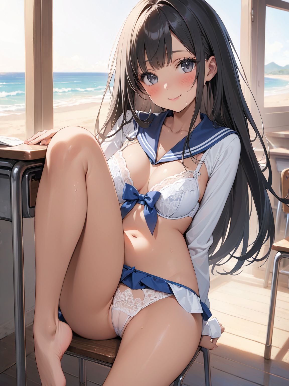 score_9, score_8_up, score_7_up,high res image,masterpiece,best quality,
1girl,cute face,clear skin,shiny hair,ultra detailed eyes, sexy lingerie, underwear, ,backlit,school room,
sitting school desk,(Crossing legs:1.2),rise one leg,serafuku,(knee apart:1.0),spread knee ,white stocking,
embarrassing,blush,detailed grey eyes,tareme,(anime face:1.1),
(beautiful long eyelashes:1.0),perfect eyelashes,detailed black long hair,straight hair,
seductive pose,
[,bra visible through clothes, sukebura:sweat:0.6]

masterpiece, best quality, very aesthetic,intricate details,cowboy shot, 1 girl,medium breasts,from side,look at away:0.6,
break,
outdoor,beach,
break,
tan skin:0.1,barefoot,
break,
smile,Tremendously Cute Panties in Paradise