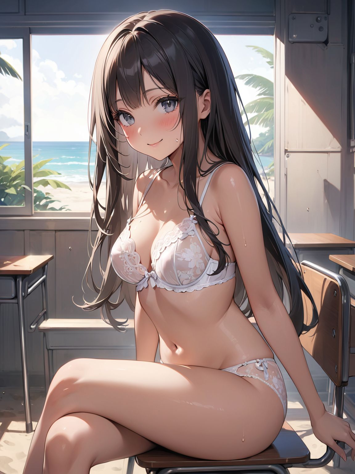 score_9, score_8_up, score_7_up,high res image,masterpiece,best quality,
1girl,cute face,clear skin,shiny hair,ultra detailed eyes, sexy lingerie, underwear, ,backlit,school room,
sitting school desk,(Crossing legs:1.2),rise one leg,serafuku,(knee apart:1.0),spread knee ,white stocking,
embarrassing,blush,detailed grey eyes,tareme,(anime face:1.1),
(beautiful long eyelashes:1.0),perfect eyelashes,detailed black long hair,straight hair,
seductive pose,
[,bra visible through clothes, sukebura:sweat:0.6]

masterpiece, best quality, very aesthetic,intricate details,cowboy shot, 1 girl,medium breasts,from side,look at away:0.6,
break,
outdoor,beach,
break,
tan skin:0.1,barefoot,
break,
smile,Tremendously Cute Panties in Paradise