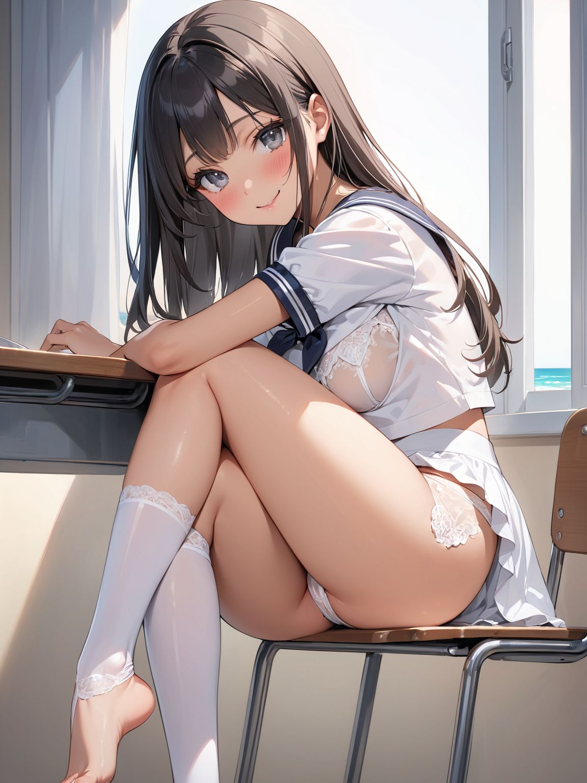 score_9, score_8_up, score_7_up,high res image,masterpiece,best quality,
1girl,cute face,clear skin,shiny hair,ultra detailed eyes, sexy lingerie, underwear, ,backlit,school room,
sitting school desk,(Crossing legs:1.2),rise one leg,serafuku,(knee apart:1.0),spread knee ,white stocking,
embarrassing,blush,detailed grey eyes,tareme,(anime face:1.1),
(beautiful long eyelashes:1.0),perfect eyelashes,detailed black long hair,straight hair,
seductive pose,
[,bra visible through clothes, sukebura:sweat:0.6]

masterpiece, best quality, very aesthetic,intricate details,cowboy shot, 1 girl,medium breasts,from side,look at away:0.6,
break,
outdoor,beach,
break,
tan skin:0.1,barefoot,
break,
smile,Tremendously Cute Panties in Paradise