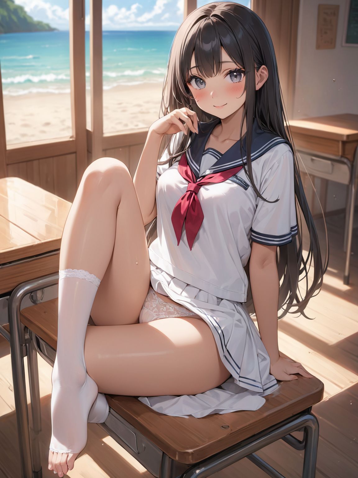 score_9, score_8_up, score_7_up,high res image,masterpiece,best quality,
1girl,cute face,clear skin,shiny hair,ultra detailed eyes, sexy lingerie, underwear, ,backlit,school room,
sitting school desk,(Crossing legs:1.2),rise one leg,serafuku,(knee apart:1.0),spread knee ,white stocking,
embarrassing,blush,detailed grey eyes,tareme,(anime face:1.1),
(beautiful long eyelashes:1.0),perfect eyelashes,detailed black long hair,straight hair,
seductive pose,
[,bra visible through clothes, sukebura:sweat:0.6]

masterpiece, best quality, very aesthetic,intricate details,cowboy shot, 1 girl,medium breasts,from side,look at away:0.6,
break,
outdoor,beach,
break,
tan skin:0.1,barefoot,
break,
smile,Tremendously Cute Panties in Paradise