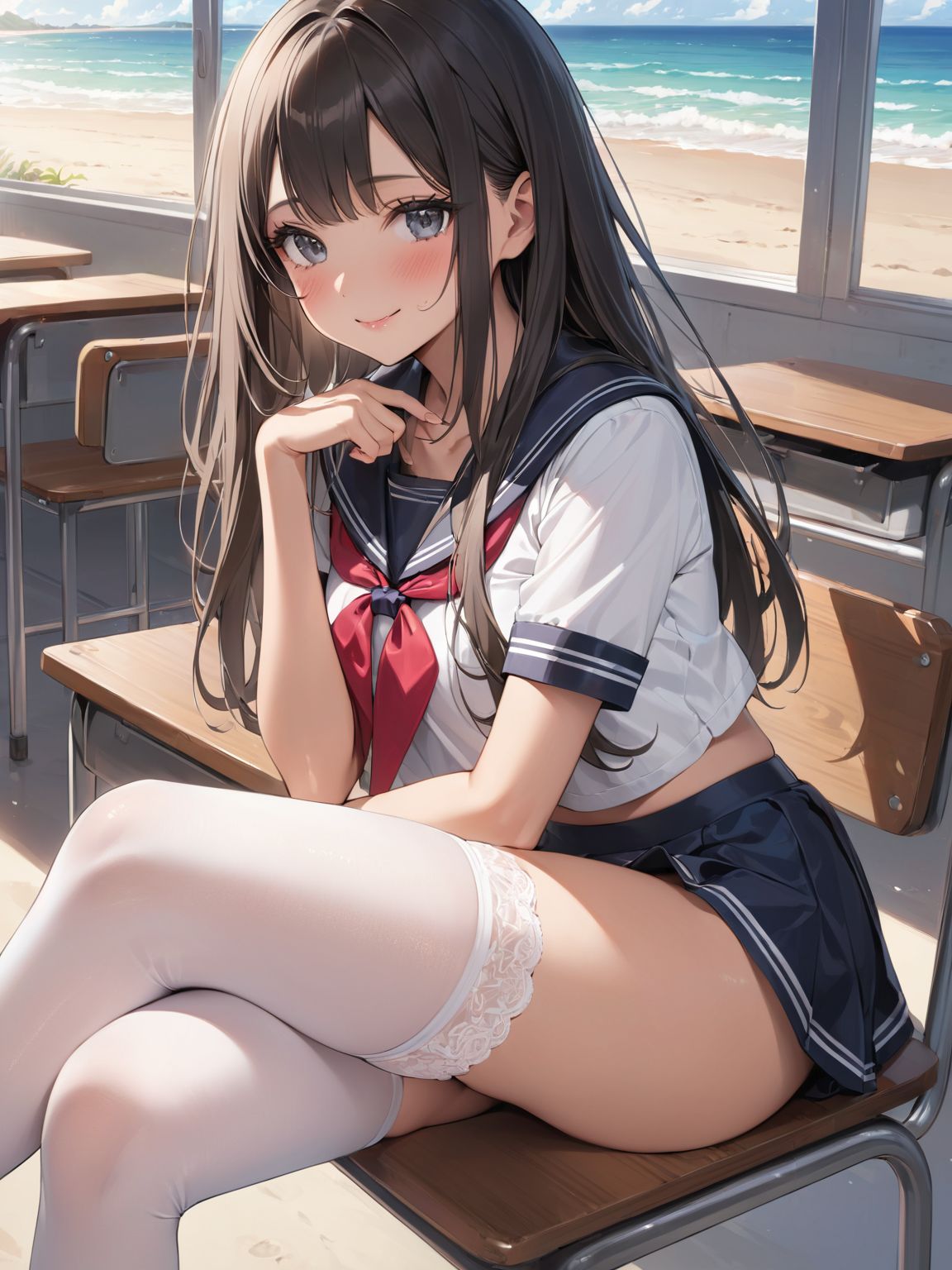 score_9, score_8_up, score_7_up,high res image,masterpiece,best quality,
1girl,cute face,clear skin,shiny hair,ultra detailed eyes, sexy lingerie, underwear, ,backlit,school room,
sitting school desk,(Crossing legs:1.2),rise one leg,serafuku,(knee apart:1.0),spread knee ,white stocking,
embarrassing,blush,detailed grey eyes,tareme,(anime face:1.1),
(beautiful long eyelashes:1.0),perfect eyelashes,detailed black long hair,straight hair,
seductive pose,
[,bra visible through clothes, sukebura:sweat:0.6]

masterpiece, best quality, very aesthetic,intricate details,cowboy shot, 1 girl,medium breasts,from side,look at away:0.6,
break,
outdoor,beach,
break,
tan skin:0.1,barefoot,
break,
smile,Tremendously Cute Panties in Paradise