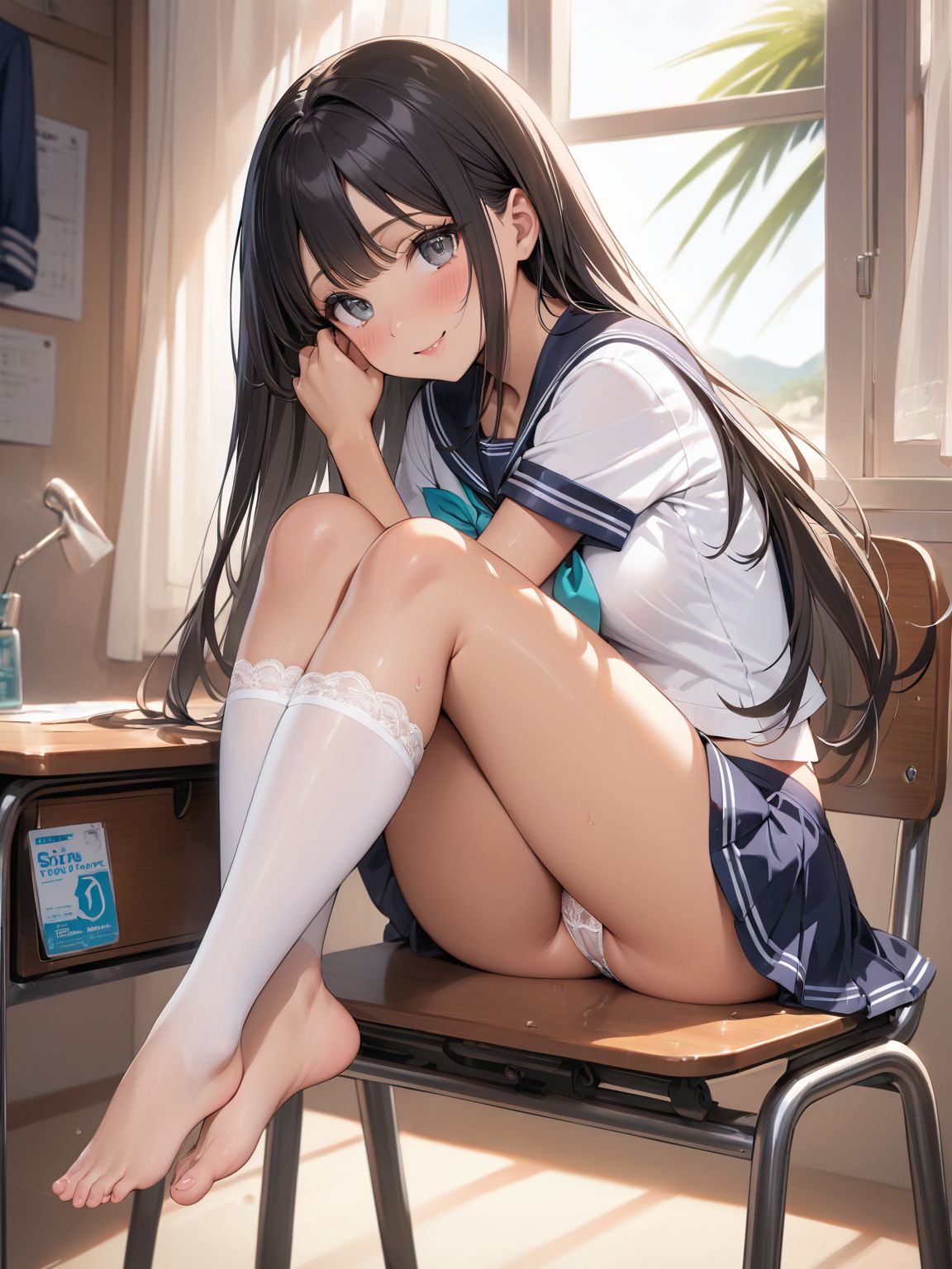 score_9, score_8_up, score_7_up,high res image,masterpiece,best quality,
1girl,cute face,clear skin,shiny hair,ultra detailed eyes, sexy lingerie, underwear, ,backlit,school room,
sitting school desk,(Crossing legs:1.2),rise one leg,serafuku,(knee apart:1.0),spread knee ,white stocking,
embarrassing,blush,detailed grey eyes,tareme,(anime face:1.1),
(beautiful long eyelashes:1.0),perfect eyelashes,detailed black long hair,straight hair,
seductive pose,
[,bra visible through clothes, sukebura:sweat:0.6]

masterpiece, best quality, very aesthetic,intricate details,cowboy shot, 1 girl,medium breasts,from side,look at away:0.6,
break,
outdoor,beach,
break,
tan skin:0.1,barefoot,
break,
smile,Tremendously Cute Panties in Paradise