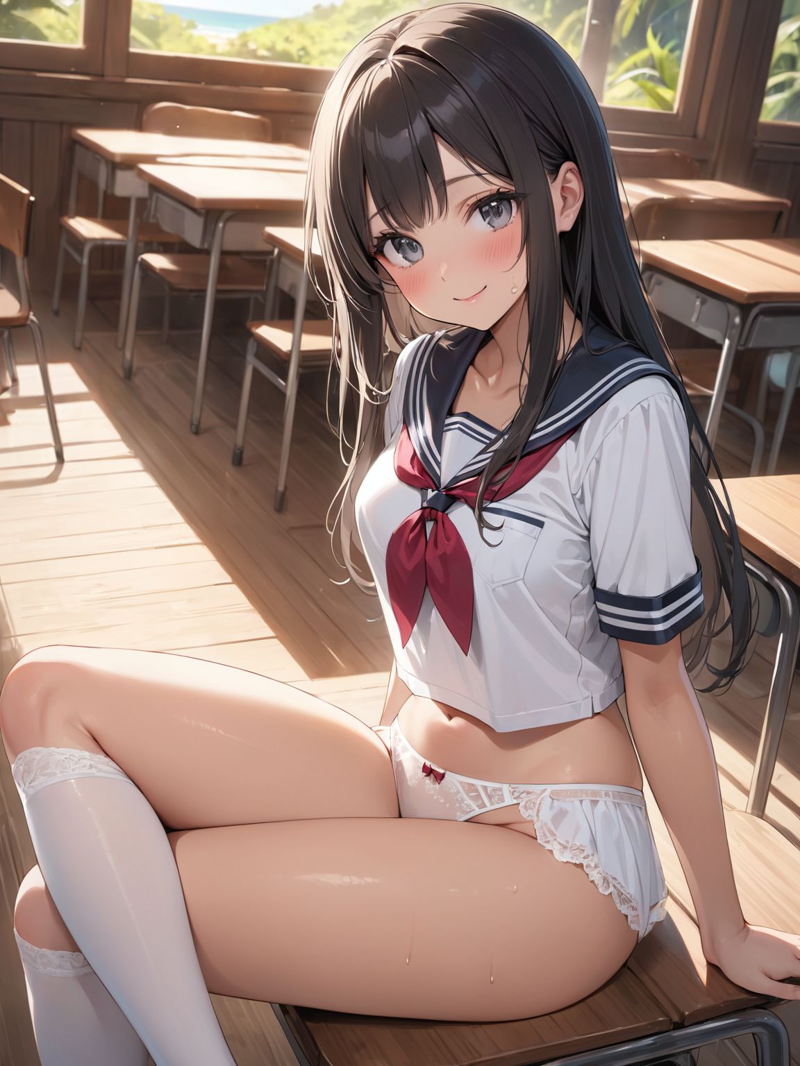 score_9, score_8_up, score_7_up,high res image,masterpiece,best quality,
1girl,cute face,clear skin,shiny hair,ultra detailed eyes, sexy lingerie, underwear, ,backlit,school room,
sitting school desk,(Crossing legs:1.2),rise one leg,serafuku,(knee apart:1.0),spread knee ,white stocking,
embarrassing,blush,detailed grey eyes,tareme,(anime face:1.1),
(beautiful long eyelashes:1.0),perfect eyelashes,detailed black long hair,straight hair,
seductive pose,
[,bra visible through clothes, sukebura:sweat:0.6]

masterpiece, best quality, very aesthetic,intricate details,cowboy shot, 1 girl,medium breasts,from side,look at away:0.6,
break,
outdoor,beach,
break,
tan skin:0.1,barefoot,
break,
smile,Tremendously Cute Panties in Paradise