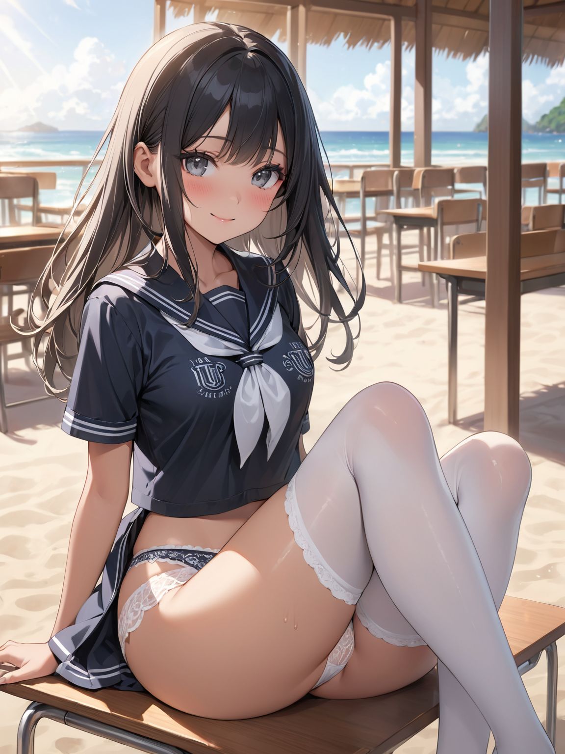 score_9, score_8_up, score_7_up,high res image,masterpiece,best quality,
1girl,cute face,clear skin,shiny hair,ultra detailed eyes, sexy lingerie, underwear, ,backlit,school room,
sitting school desk,(Crossing legs:1.2),rise one leg,serafuku,(knee apart:1.0),spread knee ,white stocking,
embarrassing,blush,detailed grey eyes,tareme,(anime face:1.1),
(beautiful long eyelashes:1.0),perfect eyelashes,detailed black long hair,straight hair,
seductive pose,
[,bra visible through clothes, sukebura:sweat:0.6]

masterpiece, best quality, very aesthetic,intricate details,cowboy shot, 1 girl,medium breasts,from side,look at away:0.6,
break,
outdoor,beach,
break,
tan skin:0.1,barefoot,
break,
smile,Tremendously Cute Panties in Paradise