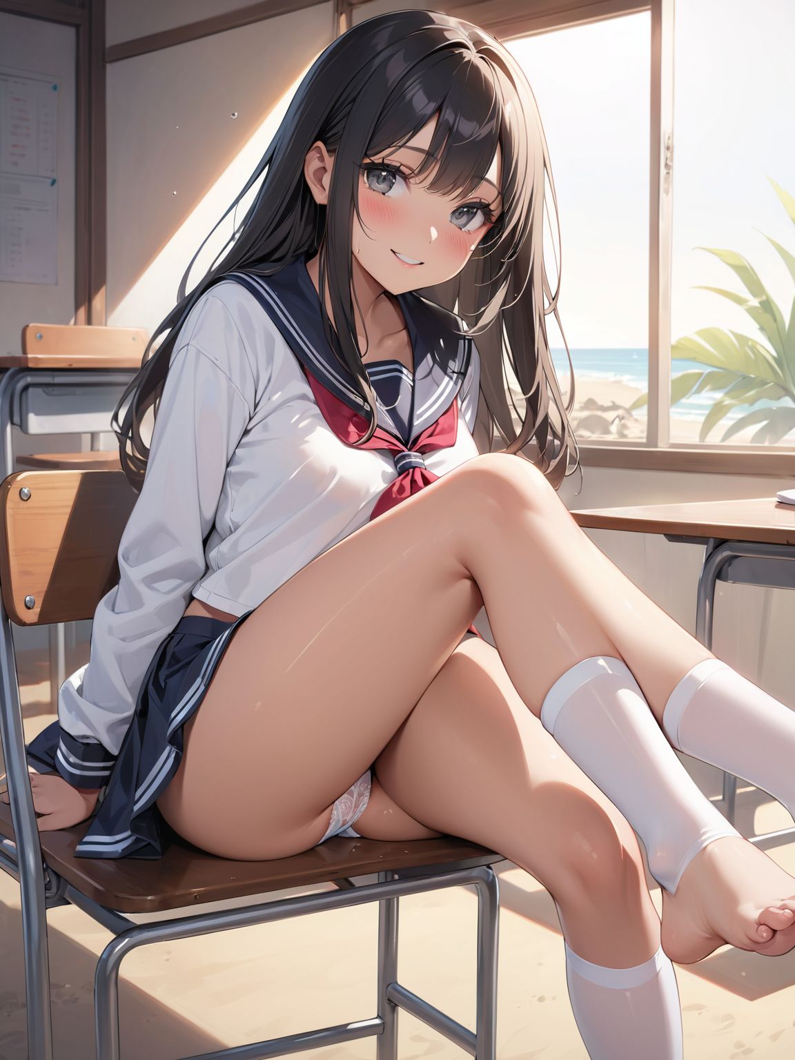 score_9, score_8_up, score_7_up,high res image,masterpiece,best quality,
1girl,cute face,clear skin,shiny hair,ultra detailed eyes, sexy lingerie, underwear, ,backlit,school room,
sitting school desk,(Crossing legs:1.2),rise one leg,serafuku,(knee apart:1.0),spread knee ,white stocking,
embarrassing,blush,detailed grey eyes,tareme,(anime face:1.1),
(beautiful long eyelashes:1.0),perfect eyelashes,detailed black long hair,straight hair,
seductive pose,
[,bra visible through clothes, sukebura:sweat:0.6]

masterpiece, best quality, very aesthetic,intricate details,cowboy shot, 1 girl,medium breasts,from side,look at away:0.6,
break,
outdoor,beach,
break,
tan skin:0.1,barefoot,
break,
smile,Tremendously Cute Panties in Paradise