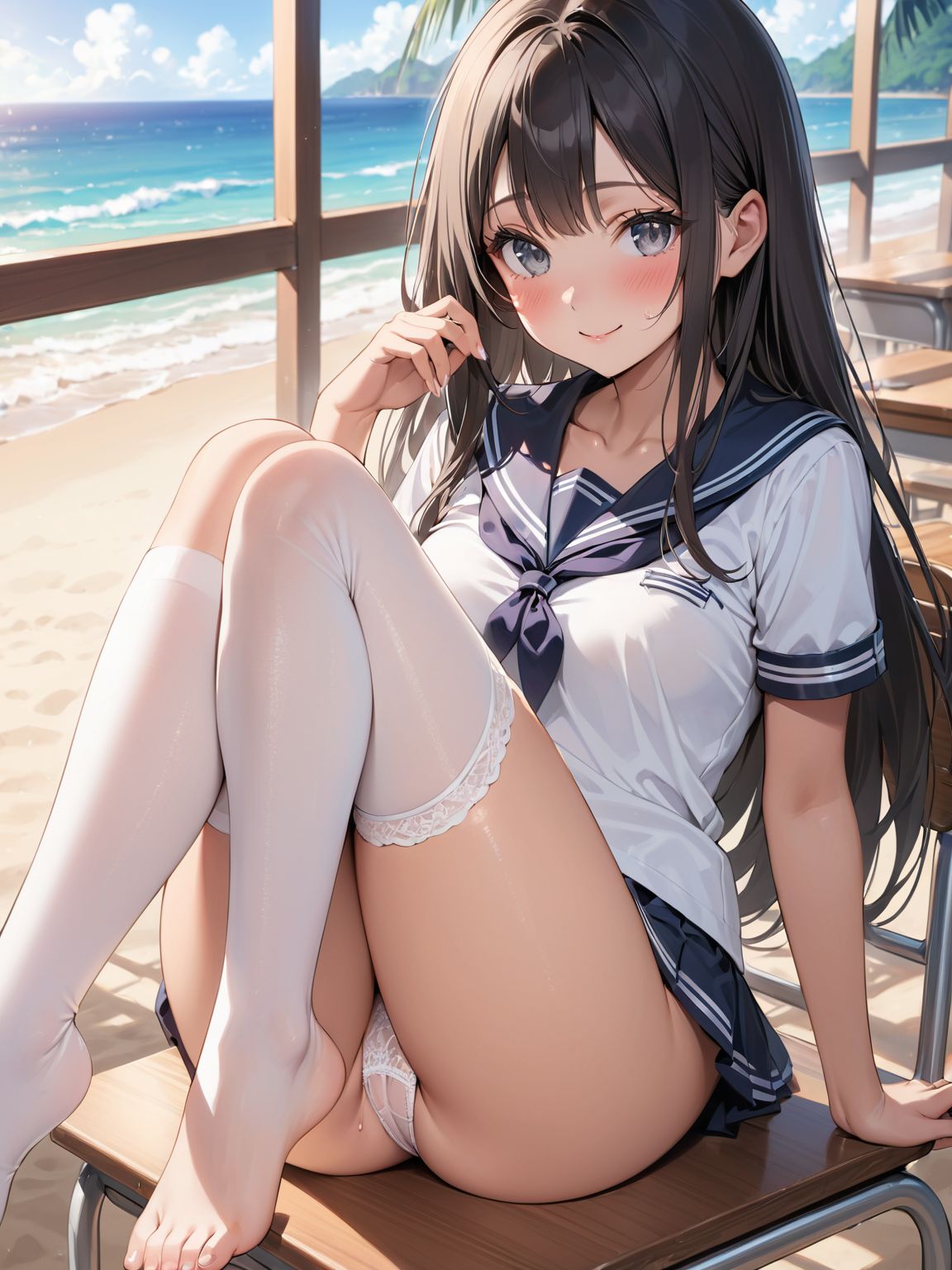 score_9, score_8_up, score_7_up,high res image,masterpiece,best quality,
1girl,cute face,clear skin,shiny hair,ultra detailed eyes, sexy lingerie, underwear, ,backlit,school room,
sitting school desk,(Crossing legs:1.2),rise one leg,serafuku,(knee apart:1.0),spread knee ,white stocking,
embarrassing,blush,detailed grey eyes,tareme,(anime face:1.1),
(beautiful long eyelashes:1.0),perfect eyelashes,detailed black long hair,straight hair,
seductive pose,
[,bra visible through clothes, sukebura:sweat:0.6]

masterpiece, best quality, very aesthetic,intricate details,cowboy shot, 1 girl,medium breasts,from side,look at away:0.6,
break,
outdoor,beach,
break,
tan skin:0.1,barefoot,
break,
smile,Tremendously Cute Panties in Paradise