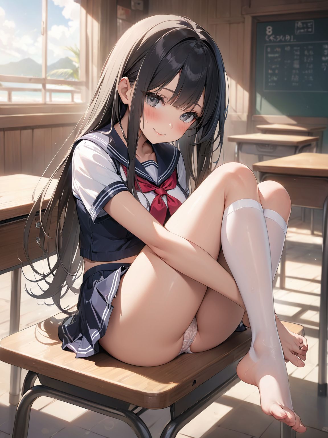 score_9, score_8_up, score_7_up,high res image,masterpiece,best quality,
1girl,cute face,clear skin,shiny hair,ultra detailed eyes, sexy lingerie, underwear, ,backlit,school room,
sitting school desk,(Crossing legs:1.2),rise one leg,serafuku,(knee apart:1.0),spread knee ,white stocking,
embarrassing,blush,detailed grey eyes,tareme,(anime face:1.1),
(beautiful long eyelashes:1.0),perfect eyelashes,detailed black long hair,straight hair,
seductive pose,
[,bra visible through clothes, sukebura:sweat:0.6]

masterpiece, best quality, very aesthetic,intricate details,cowboy shot, 1 girl,medium breasts,from side,look at away:0.6,
break,
outdoor,beach,
break,
tan skin:0.1,barefoot,
break,
smile,Tremendously Cute Panties in Paradise