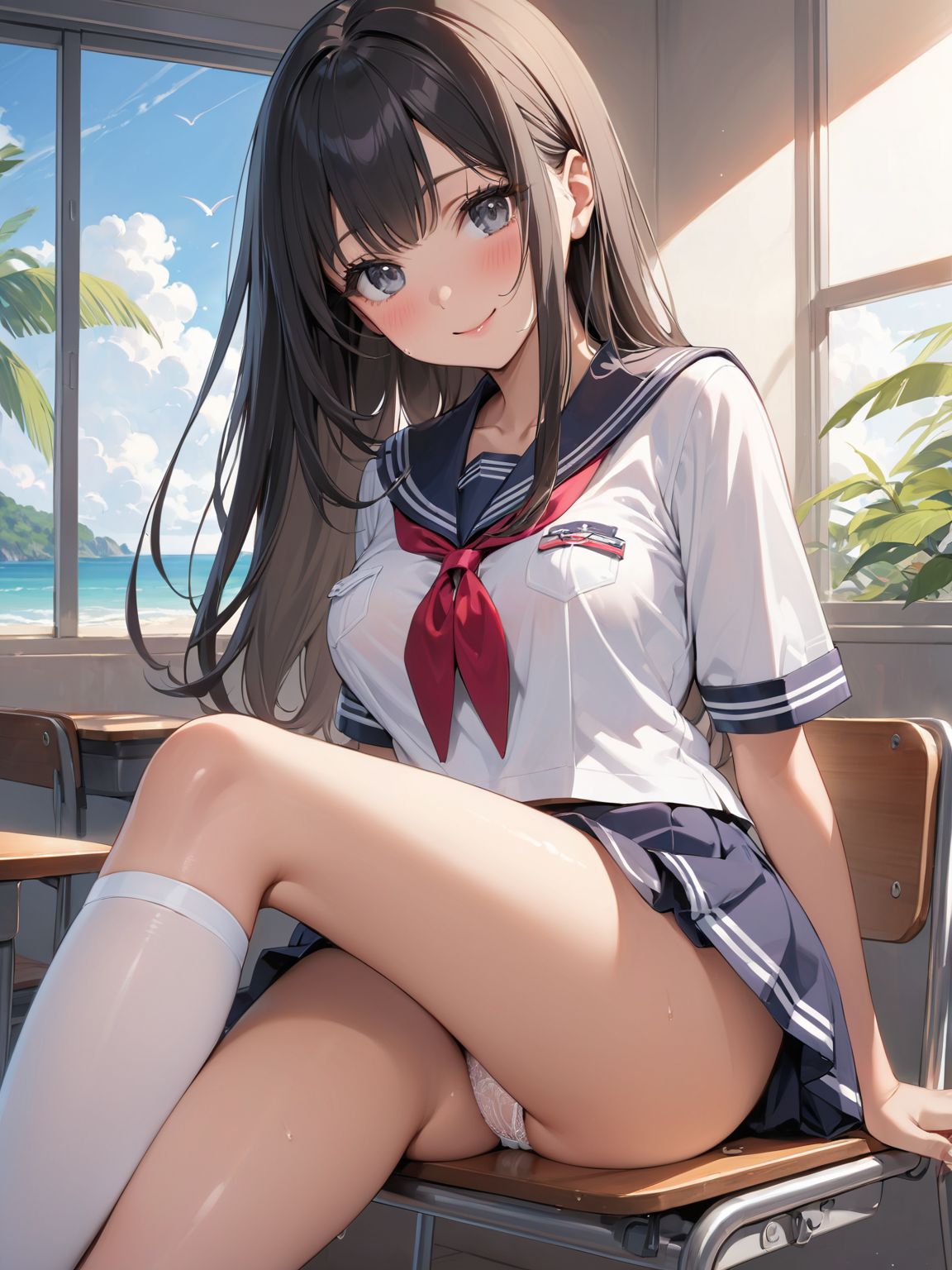 score_9, score_8_up, score_7_up,high res image,masterpiece,best quality,
1girl,cute face,clear skin,shiny hair,ultra detailed eyes, sexy lingerie, underwear, ,backlit,school room,
sitting school desk,(Crossing legs:1.2),rise one leg,serafuku,(knee apart:1.0),spread knee ,white stocking,
embarrassing,blush,detailed grey eyes,tareme,(anime face:1.1),
(beautiful long eyelashes:1.0),perfect eyelashes,detailed black long hair,straight hair,
seductive pose,
[,bra visible through clothes, sukebura:sweat:0.6]

masterpiece, best quality, very aesthetic,intricate details,cowboy shot, 1 girl,medium breasts,from side,look at away:0.6,
break,
outdoor,beach,
break,
tan skin:0.1,barefoot,
break,
smile,Tremendously Cute Panties in Paradise