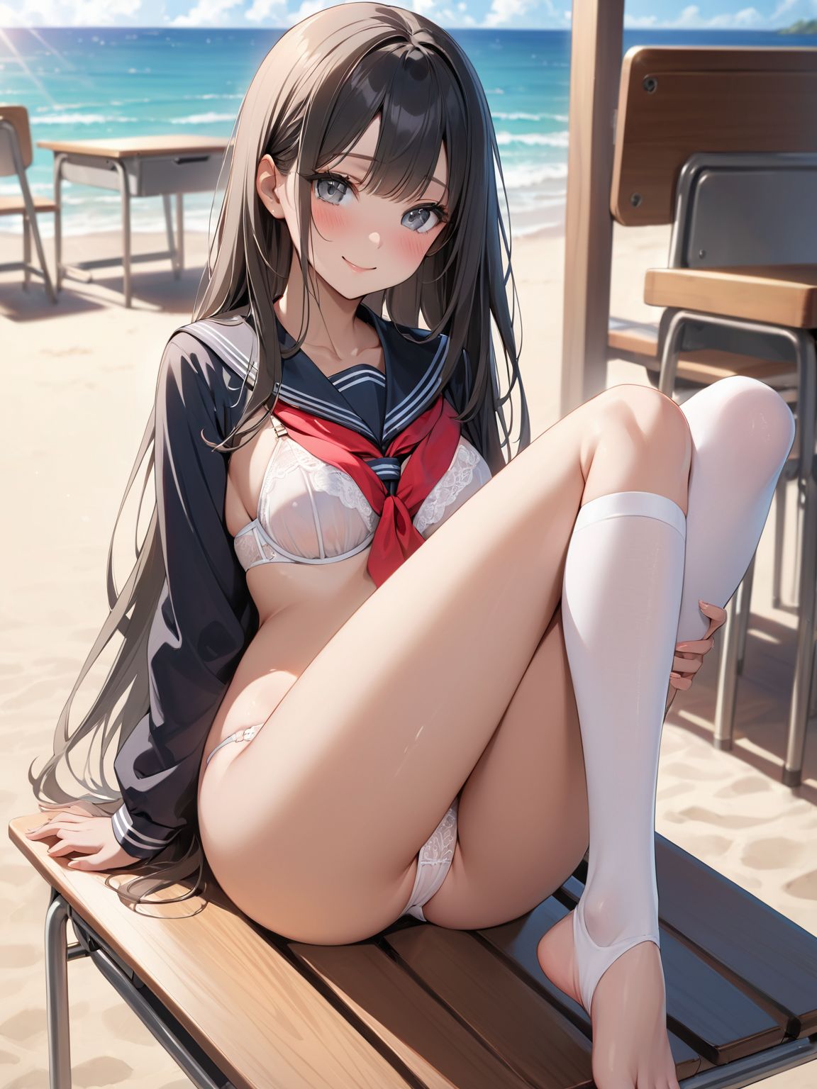 score_9, score_8_up, score_7_up,high res image,masterpiece,best quality,
1girl,cute face,clear skin,shiny hair,ultra detailed eyes, sexy lingerie, underwear, ,backlit,school room,
sitting school desk,(Crossing legs:1.2),rise one leg,serafuku,(knee apart:1.0),spread knee ,white stocking,
embarrassing,blush,detailed grey eyes,tareme,(anime face:1.1),
(beautiful long eyelashes:1.0),perfect eyelashes,detailed black long hair,straight hair,
seductive pose,
[,bra visible through clothes, sukebura:sweat:0.6]

masterpiece, best quality, very aesthetic,intricate details,cowboy shot, 1 girl,medium breasts,from side,look at away:0.6,
break,
outdoor,beach,
break,
tan skin:0.1,barefoot,
break,
smile,Tremendously Cute Panties in Paradise