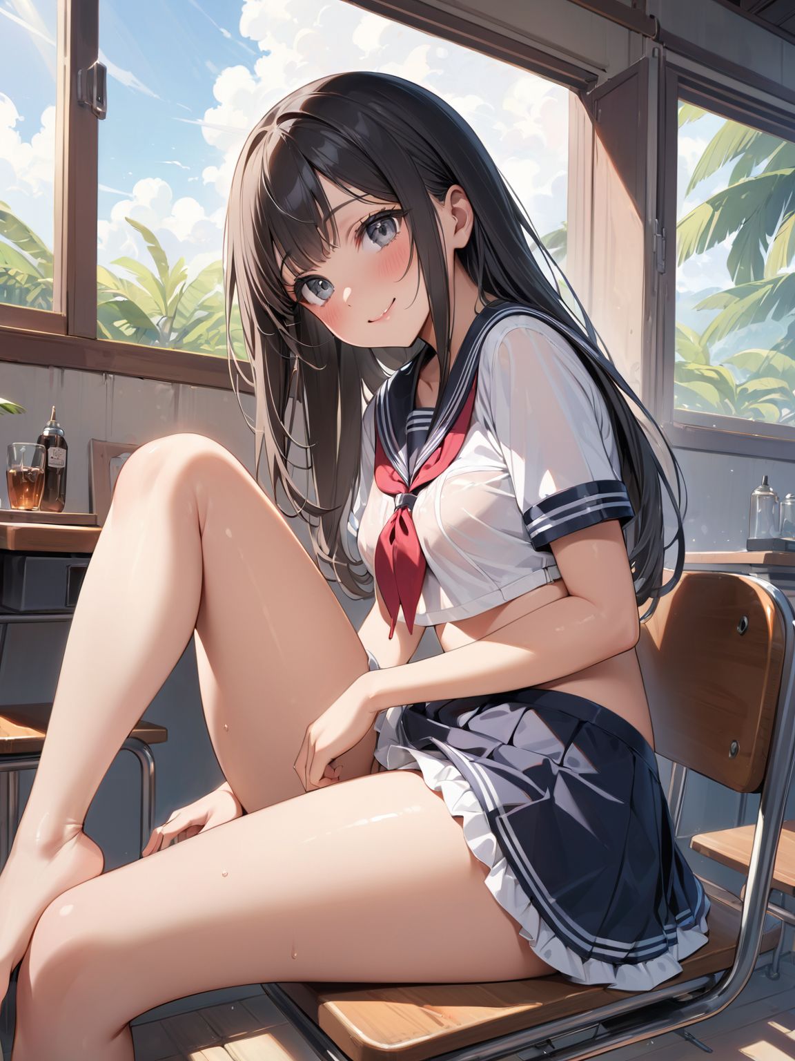 score_9, score_8_up, score_7_up,high res image,masterpiece,best quality,
1girl,cute face,clear skin,shiny hair,ultra detailed eyes, sexy lingerie, underwear, ,backlit,school room,
sitting school desk,(Crossing legs:1.2),rise one leg,serafuku,(knee apart:1.0),spread knee ,white stocking,
embarrassing,blush,detailed grey eyes,tareme,(anime face:1.1),
(beautiful long eyelashes:1.0),perfect eyelashes,detailed black long hair,straight hair,
seductive pose,
[,bra visible through clothes, sukebura:sweat:0.6]

masterpiece, best quality, very aesthetic,intricate details,cowboy shot, 1 girl,medium breasts,from side,look at away:0.6,
break,
outdoor,beach,
break,
tan skin:0.1,barefoot,
break,
smile,Tremendously Cute Panties in Paradise