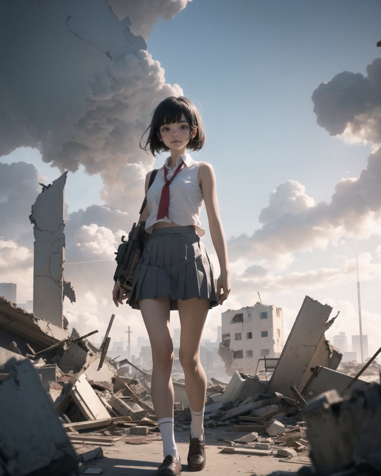 A pretty, retro, otherworldly girl with clear blue eyes and long black hair (standing in the center of a devastated future city:1.4),
She looks around at the ruins around her with a mixture of surprise and determination.
(Close-up shot of her: 1.3),
She walks slowly through the ruined future city,
(frontal shot:1.5),
She is wearing sci-fi futuristic clothing with intricate patterns, her clothes are slightly torn and stained.

She is staring at the horizon, contemplating her next move.
The image depicts the fresh look of a young girl in an urban landscape of low-rise buildings reduced to rubble.

Blake.

Standing with shoes together and legs open,
high expression, covering her face with her hands and supporting her head,
BREAK 15 years old, breasts,
(bangs in chignon, bob cut, hair ends 1.3),
Round eyes

BREAK
(Uniform, plain white shirt, sleeveless, shirt in: 1),
(plain red ribbon: 1.1)
BREAK
(Pleated skirt, Miniskirt:1.2), (Plain white socks:1.2), Loafers

BLAKE


The clear blue sky overhead contrasts with the devastation on the ground.
Golden Hour,
(Post-Apocalypse:1.2), Zentangle, a futuristic, otherworldly fantasy world,
Around her, crumbling buildings and piles of rubble create a chaotic landscape.
The soft golden light of the setting sun illuminates the area, casting long shadows and bringing out the details of the rubble.

[post apocalyptic crumbling world as shown in the photograph, broken architecture, skyscrapers in the distance, corrosion of all kinds: 0.5],
Post apocalyptic world, otherworldly fantasy worldview, clear air, blue sky and white clouds,

(split screen:-1.3),
(moles:-1.1), (freckles:-1.2), (blotches:-1.3),.