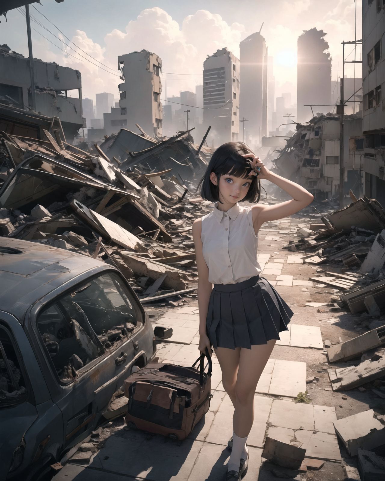 A pretty, retro, otherworldly girl with clear blue eyes and long black hair (standing in the center of a devastated future city:1.4),
She looks around at the ruins around her with a mixture of surprise and determination.
(Close-up shot of her: 1.3),
She walks slowly through the ruined future city,
(frontal shot:1.5),
She is wearing sci-fi futuristic clothing with intricate patterns, her clothes are slightly torn and stained.

She is staring at the horizon, contemplating her next move.
The image depicts the fresh look of a young girl in an urban landscape of low-rise buildings reduced to rubble.

Blake.

Standing with shoes together and legs open,
high expression, covering her face with her hands and supporting her head,
BREAK 15 years old, breasts,
(bangs in chignon, bob cut, hair ends 1.3),
Round eyes

BREAK
(Uniform, plain white shirt, sleeveless, shirt in: 1),
(plain red ribbon: 1.1)
BREAK
(Pleated skirt, Miniskirt:1.2), (Plain white socks:1.2), Loafers

BLAKE


The clear blue sky overhead contrasts with the devastation on the ground.
Golden Hour,
(Post-Apocalypse:1.2), Zentangle, a futuristic, otherworldly fantasy world,
Around her, crumbling buildings and piles of rubble create a chaotic landscape.
The soft golden light of the setting sun illuminates the area, casting long shadows and bringing out the details of the rubble.

[post apocalyptic crumbling world as shown in the photograph, broken architecture, skyscrapers in the distance, corrosion of all kinds: 0.5],
Post apocalyptic world, otherworldly fantasy worldview, clear air, blue sky and white clouds,

(split screen:-1.3),
(moles:-1.1), (freckles:-1.2), (blotches:-1.3),.