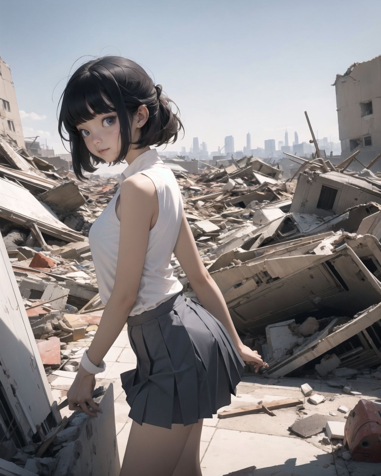 A pretty, retro, otherworldly girl with clear blue eyes and long black hair (standing in the center of a devastated future city:1.4),
She looks around at the ruins around her with a mixture of surprise and determination.
(Close-up shot of her: 1.3),
She walks slowly through the ruined future city,
(frontal shot:1.5),
She is wearing sci-fi futuristic clothing with intricate patterns, her clothes are slightly torn and stained.

She is staring at the horizon, contemplating her next move.
The image depicts the fresh look of a young girl in an urban landscape of low-rise buildings reduced to rubble.

Blake.

Standing with shoes together and legs open,
high expression, covering her face with her hands and supporting her head,
BREAK 15 years old, breasts,
(bangs in chignon, bob cut, hair ends 1.3),
Round eyes

BREAK
(Uniform, plain white shirt, sleeveless, shirt in: 1),
(plain red ribbon: 1.1)
BREAK
(Pleated skirt, Miniskirt:1.2), (Plain white socks:1.2), Loafers

BLAKE


The clear blue sky overhead contrasts with the devastation on the ground.
Golden Hour,
(Post-Apocalypse:1.2), Zentangle, a futuristic, otherworldly fantasy world,
Around her, crumbling buildings and piles of rubble create a chaotic landscape.
The soft golden light of the setting sun illuminates the area, casting long shadows and bringing out the details of the rubble.

[post apocalyptic crumbling world as shown in the photograph, broken architecture, skyscrapers in the distance, corrosion of all kinds: 0.5],
Post apocalyptic world, otherworldly fantasy worldview, clear air, blue sky and white clouds,

(split screen:-1.3),
(moles:-1.1), (freckles:-1.2), (blotches:-1.3),.