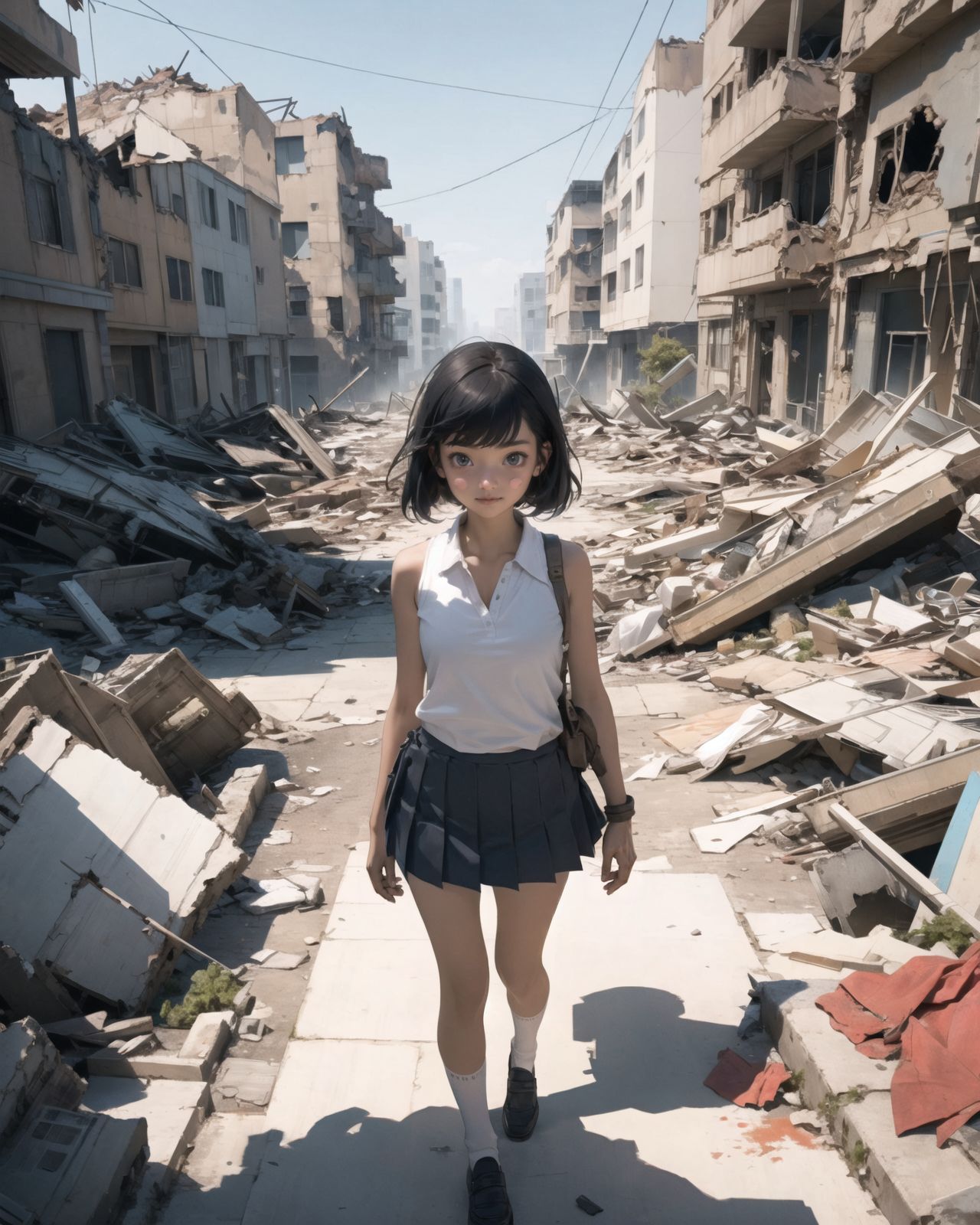 A pretty, retro, otherworldly girl with clear blue eyes and long black hair (standing in the center of a devastated future city:1.4),
She looks around at the ruins around her with a mixture of surprise and determination.
(Close-up shot of her: 1.3),
She walks slowly through the ruined future city,
(frontal shot:1.5),
She is wearing sci-fi futuristic clothing with intricate patterns, her clothes are slightly torn and stained.

She is staring at the horizon, contemplating her next move.
The image depicts the fresh look of a young girl in an urban landscape of low-rise buildings reduced to rubble.

Blake.

Standing with shoes together and legs open,
high expression, covering her face with her hands and supporting her head,
BREAK 15 years old, breasts,
(bangs in chignon, bob cut, hair ends 1.3),
Round eyes

BREAK
(Uniform, plain white shirt, sleeveless, shirt in: 1),
(plain red ribbon: 1.1)
BREAK
(Pleated skirt, Miniskirt:1.2), (Plain white socks:1.2), Loafers

BLAKE


The clear blue sky overhead contrasts with the devastation on the ground.
Golden Hour,
(Post-Apocalypse:1.2), Zentangle, a futuristic, otherworldly fantasy world,
Around her, crumbling buildings and piles of rubble create a chaotic landscape.
The soft golden light of the setting sun illuminates the area, casting long shadows and bringing out the details of the rubble.

[post apocalyptic crumbling world as shown in the photograph, broken architecture, skyscrapers in the distance, corrosion of all kinds: 0.5],
Post apocalyptic world, otherworldly fantasy worldview, clear air, blue sky and white clouds,

(split screen:-1.3),
(moles:-1.1), (freckles:-1.2), (blotches:-1.3),.