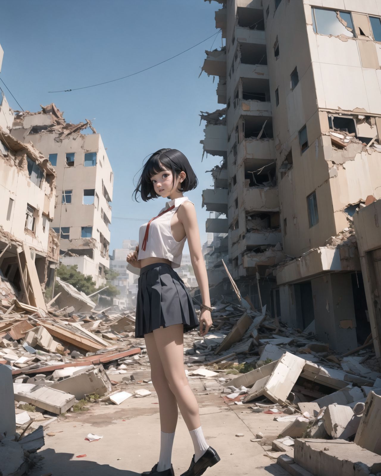 A pretty, retro, otherworldly girl with clear blue eyes and long black hair (standing in the center of a devastated future city:1.4),
She looks around at the ruins around her with a mixture of surprise and determination.
(Close-up shot of her: 1.3),
She walks slowly through the ruined future city,
(frontal shot:1.5),
She is wearing sci-fi futuristic clothing with intricate patterns, her clothes are slightly torn and stained.

She is staring at the horizon, contemplating her next move.
The image depicts the fresh look of a young girl in an urban landscape of low-rise buildings reduced to rubble.

Blake.

Standing with shoes together and legs open,
high expression, covering her face with her hands and supporting her head,
BREAK 15 years old, breasts,
(bangs in chignon, bob cut, hair ends 1.3),
Round eyes

BREAK
(Uniform, plain white shirt, sleeveless, shirt in: 1),
(plain red ribbon: 1.1)
BREAK
(Pleated skirt, Miniskirt:1.2), (Plain white socks:1.2), Loafers

BLAKE


The clear blue sky overhead contrasts with the devastation on the ground.
Golden Hour,
(Post-Apocalypse:1.2), Zentangle, a futuristic, otherworldly fantasy world,
Around her, crumbling buildings and piles of rubble create a chaotic landscape.
The soft golden light of the setting sun illuminates the area, casting long shadows and bringing out the details of the rubble.

[post apocalyptic crumbling world as shown in the photograph, broken architecture, skyscrapers in the distance, corrosion of all kinds: 0.5],
Post apocalyptic world, otherworldly fantasy worldview, clear air, blue sky and white clouds,

(split screen:-1.3),
(moles:-1.1), (freckles:-1.2), (blotches:-1.3),.