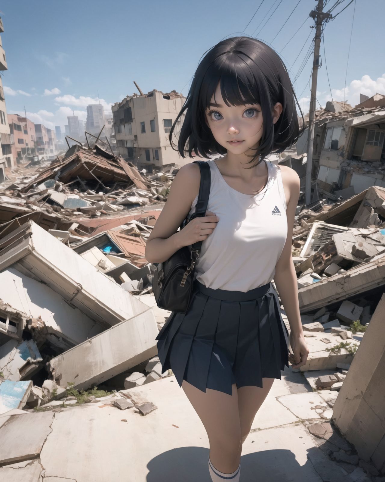 A pretty, retro, otherworldly girl with clear blue eyes and long black hair (standing in the center of a devastated future city:1.4),
She looks around at the ruins around her with a mixture of surprise and determination.
(Close-up shot of her: 1.3),
She walks slowly through the ruined future city,
(frontal shot:1.5),
She is wearing sci-fi futuristic clothing with intricate patterns, her clothes are slightly torn and stained.

She is staring at the horizon, contemplating her next move.
The image depicts the fresh look of a young girl in an urban landscape of low-rise buildings reduced to rubble.

Blake.

Standing with shoes together and legs open,
high expression, covering her face with her hands and supporting her head,
BREAK 15 years old, breasts,
(bangs in chignon, bob cut, hair ends 1.3),
Round eyes

BREAK
(Uniform, plain white shirt, sleeveless, shirt in: 1),
(plain red ribbon: 1.1)
BREAK
(Pleated skirt, Miniskirt:1.2), (Plain white socks:1.2), Loafers

BLAKE


The clear blue sky overhead contrasts with the devastation on the ground.
Golden Hour,
(Post-Apocalypse:1.2), Zentangle, a futuristic, otherworldly fantasy world,
Around her, crumbling buildings and piles of rubble create a chaotic landscape.
The soft golden light of the setting sun illuminates the area, casting long shadows and bringing out the details of the rubble.

[post apocalyptic crumbling world as shown in the photograph, broken architecture, skyscrapers in the distance, corrosion of all kinds: 0.5],
Post apocalyptic world, otherworldly fantasy worldview, clear air, blue sky and white clouds,

(split screen:-1.3),
(moles:-1.1), (freckles:-1.2), (blotches:-1.3),.