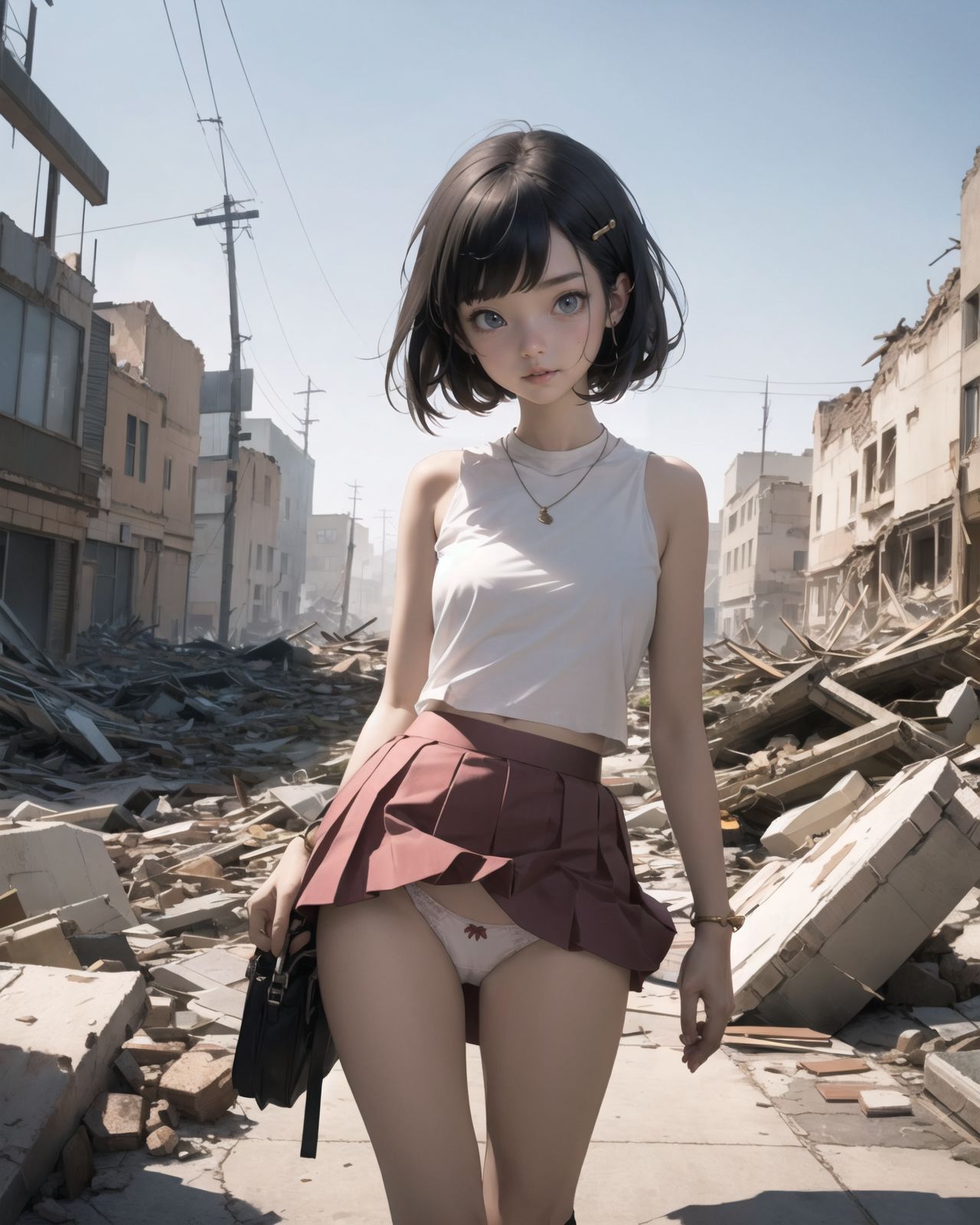 A pretty, retro, otherworldly girl with clear blue eyes and long black hair (standing in the center of a devastated future city:1.4),
She looks around at the ruins around her with a mixture of surprise and determination.
(Close-up shot of her: 1.3),
She walks slowly through the ruined future city,
(frontal shot:1.5),
She is wearing sci-fi futuristic clothing with intricate patterns, her clothes are slightly torn and stained.

She is staring at the horizon, contemplating her next move.
The image depicts the fresh look of a young girl in an urban landscape of low-rise buildings reduced to rubble.

Blake.

Standing with shoes together and legs open,
high expression, covering her face with her hands and supporting her head,
BREAK 15 years old, breasts,
(bangs in chignon, bob cut, hair ends 1.3),
Round eyes

BREAK
(Uniform, plain white shirt, sleeveless, shirt in: 1),
(plain red ribbon: 1.1)
(skirt slightly lifted, panties are visible:1.6), 


BREAK
(Pleated skirt, Miniskirt:1.2), (Plain white socks:1.2), Loafers

BLAKE


The clear blue sky overhead contrasts with the devastation on the ground.
Golden Hour,
(Post-Apocalypse:1.2), Zentangle, a futuristic, otherworldly fantasy world,
Around her, crumbling buildings and piles of rubble create a chaotic landscape.
The soft golden light of the setting sun illuminates the area, casting long shadows and bringing out the details of the rubble.

[post apocalyptic crumbling world as shown in the photograph, broken architecture, skyscrapers in the distance, corrosion of all kinds: 0.5],
Post apocalyptic world, otherworldly fantasy worldview, clear air, blue sky and white clouds,

(split screen:-1.3),
(moles:-1.1), (freckles:-1.2), (blotches:-1.3),.