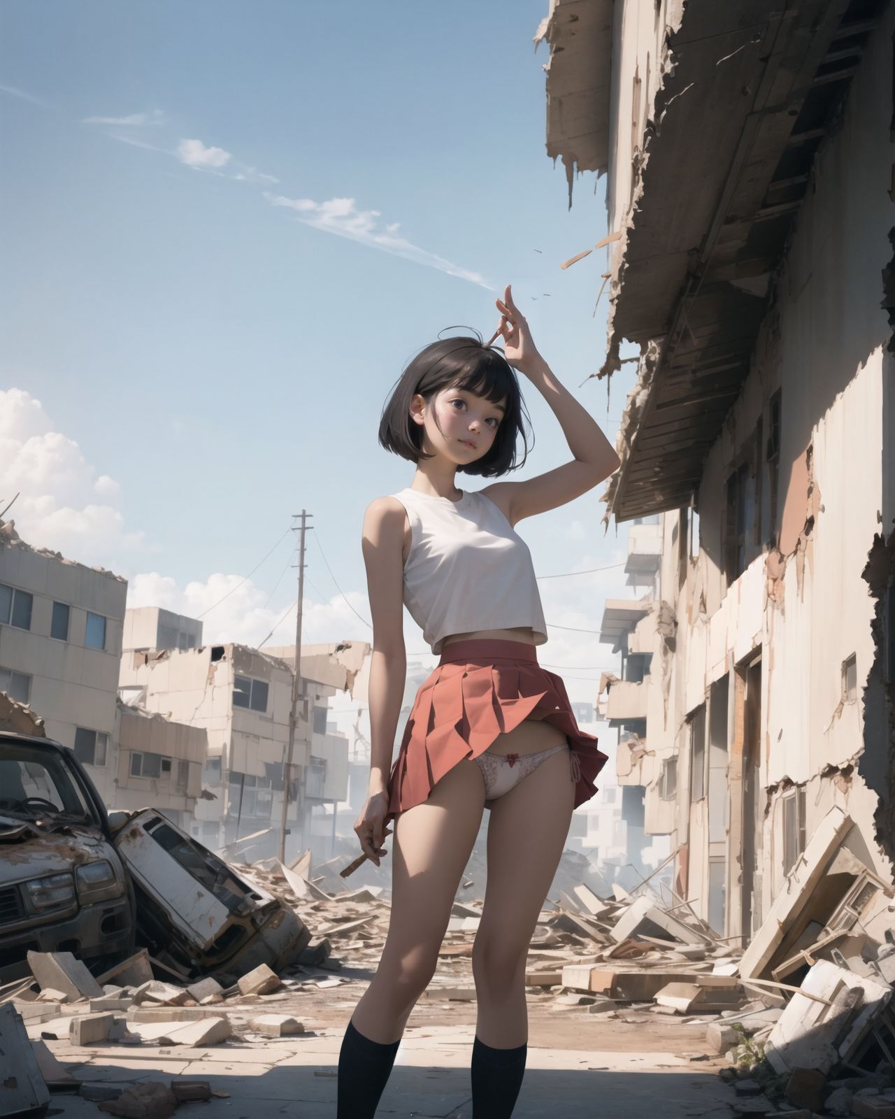 A pretty, retro, otherworldly girl with clear blue eyes and long black hair (standing in the center of a devastated future city:1.4),
She looks around at the ruins around her with a mixture of surprise and determination.
(Close-up shot of her: 1.3),
She walks slowly through the ruined future city,
(frontal shot:1.5),
She is wearing sci-fi futuristic clothing with intricate patterns, her clothes are slightly torn and stained.

She is staring at the horizon, contemplating her next move.
The image depicts the fresh look of a young girl in an urban landscape of low-rise buildings reduced to rubble.

Blake.

Standing with shoes together and legs open,
high expression, covering her face with her hands and supporting her head,
BREAK 15 years old, breasts,
(bangs in chignon, bob cut, hair ends 1.3),
Round eyes

BREAK
(Uniform, plain white shirt, sleeveless, shirt in: 1),
(plain red ribbon: 1.1)
(skirt slightly lifted, panties are visible:1.6), 


BREAK
(Pleated skirt, Miniskirt:1.2), (Plain white socks:1.2), Loafers

BLAKE


The clear blue sky overhead contrasts with the devastation on the ground.
Golden Hour,
(Post-Apocalypse:1.2), Zentangle, a futuristic, otherworldly fantasy world,
Around her, crumbling buildings and piles of rubble create a chaotic landscape.
The soft golden light of the setting sun illuminates the area, casting long shadows and bringing out the details of the rubble.

[post apocalyptic crumbling world as shown in the photograph, broken architecture, skyscrapers in the distance, corrosion of all kinds: 0.5],
Post apocalyptic world, otherworldly fantasy worldview, clear air, blue sky and white clouds,

(split screen:-1.3),
(moles:-1.1), (freckles:-1.2), (blotches:-1.3),.