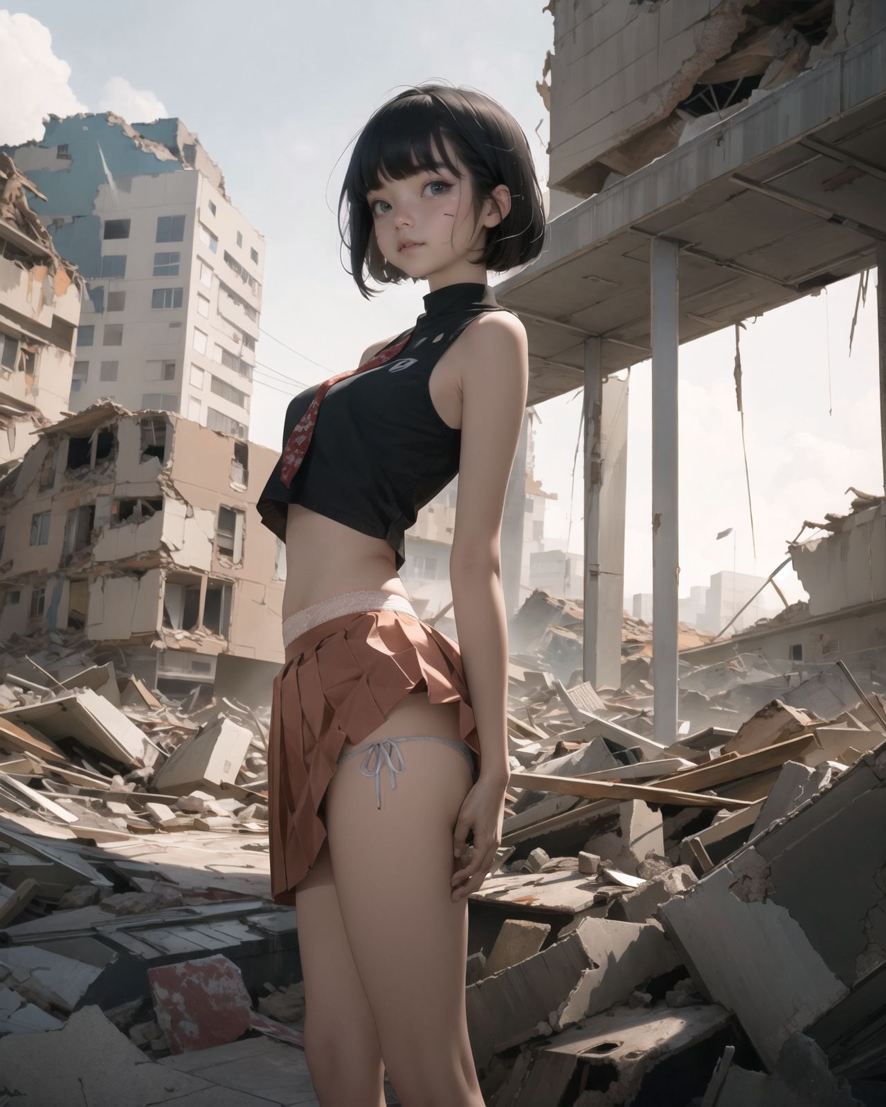 A pretty, retro, otherworldly girl with clear blue eyes and long black hair (standing in the center of a devastated future city:1.4),
She looks around at the ruins around her with a mixture of surprise and determination.
(Close-up shot of her: 1.3),
She walks slowly through the ruined future city,
(frontal shot:1.5),
She is wearing sci-fi futuristic clothing with intricate patterns, her clothes are slightly torn and stained.

She is staring at the horizon, contemplating her next move.
The image depicts the fresh look of a young girl in an urban landscape of low-rise buildings reduced to rubble.

Blake.

Standing with shoes together and legs open,
high expression, covering her face with her hands and supporting her head,
BREAK 15 years old, breasts,
(bangs in chignon, bob cut, hair ends 1.3),
Round eyes

BREAK
(Uniform, plain white shirt, sleeveless, shirt in: 1),
(plain red ribbon: 1.1)
(skirt slightly lifted, panties are visible:1.6), 


BREAK
(Pleated skirt, Miniskirt:1.2), (Plain white socks:1.2), Loafers

BLAKE


The clear blue sky overhead contrasts with the devastation on the ground.
Golden Hour,
(Post-Apocalypse:1.2), Zentangle, a futuristic, otherworldly fantasy world,
Around her, crumbling buildings and piles of rubble create a chaotic landscape.
The soft golden light of the setting sun illuminates the area, casting long shadows and bringing out the details of the rubble.

[post apocalyptic crumbling world as shown in the photograph, broken architecture, skyscrapers in the distance, corrosion of all kinds: 0.5],
Post apocalyptic world, otherworldly fantasy worldview, clear air, blue sky and white clouds,

(split screen:-1.3),
(moles:-1.1), (freckles:-1.2), (blotches:-1.3),.